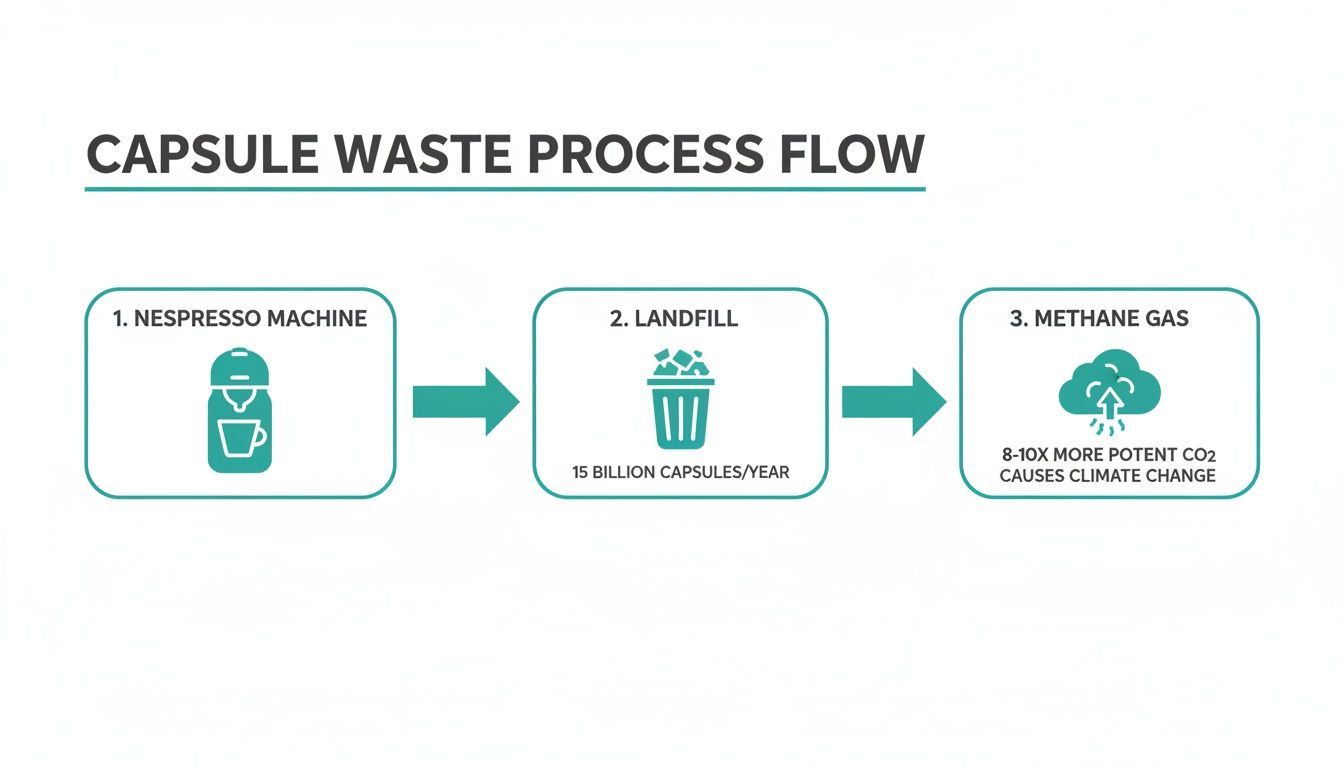 Flowchart illustrates the Nespresso capsule waste process, leading to landfill and methane gas emissions causing climate change.