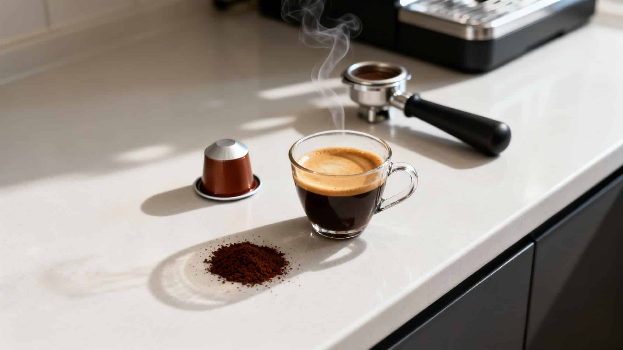 Steaming espresso in a glass mug, Nespresso capsule, and coffee grounds on a white counter.