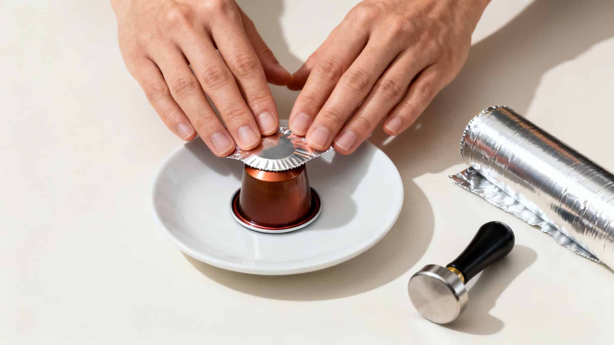 Hands cover a reusable coffee capsule with aluminum foil on a white plate, next to a tamper.