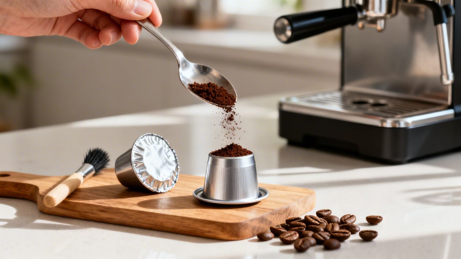 Coffee beans and freshly ground coffee being prepared for brewing.