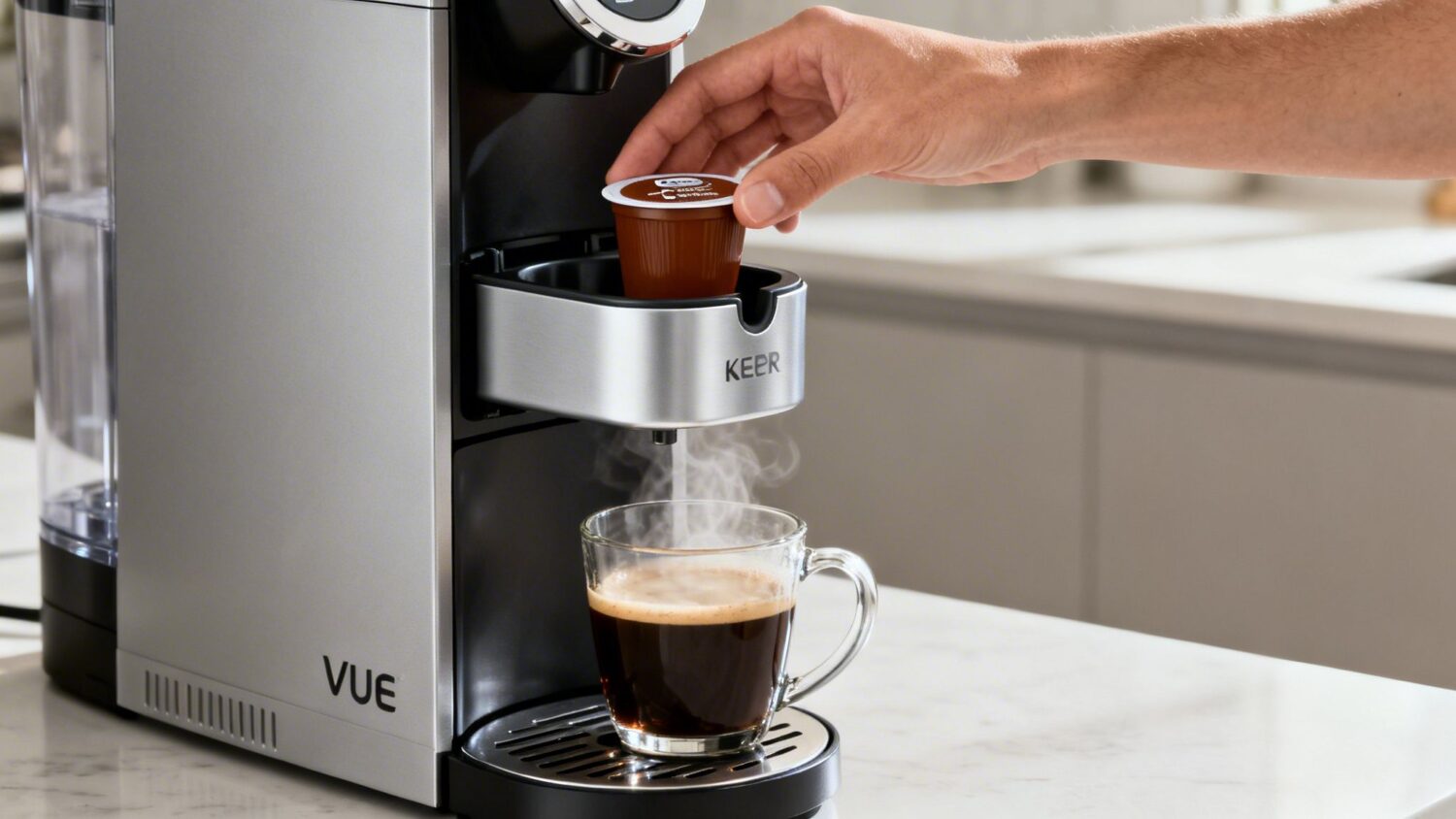 Keurig Vue coffee maker brewing coffee with a K-Cup pod.