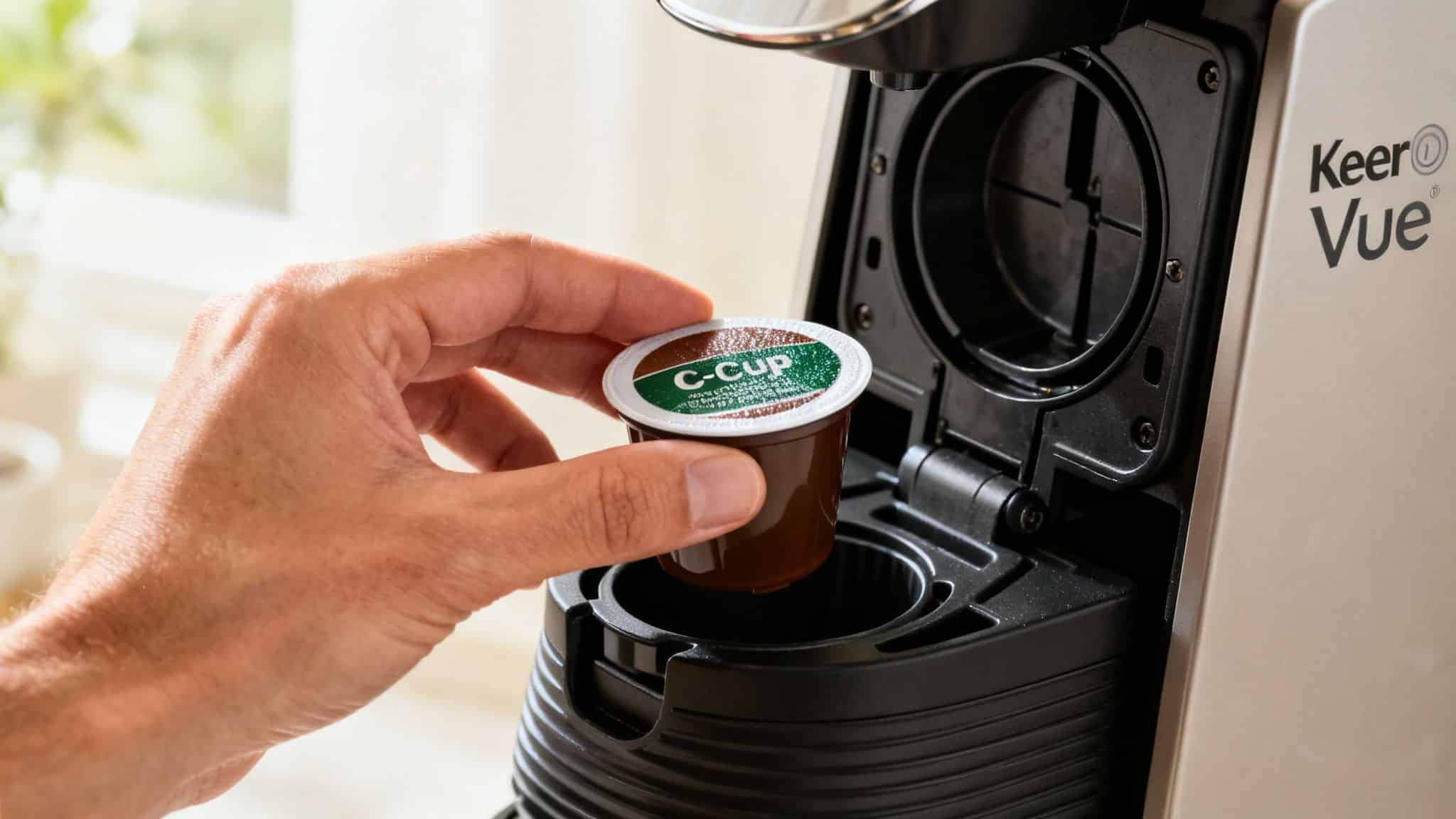 A person placing a C-Cup coffee pod into a Keurig Vue coffee maker machine for brewing.