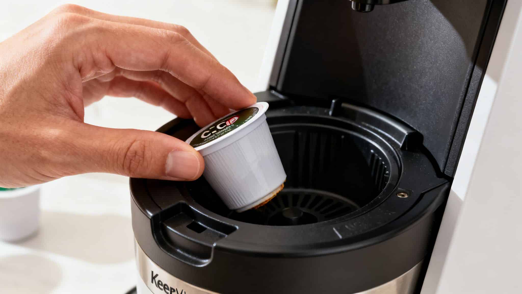 A person holding a coffee pod over the pod holder of a Keurig Vue coffee maker.