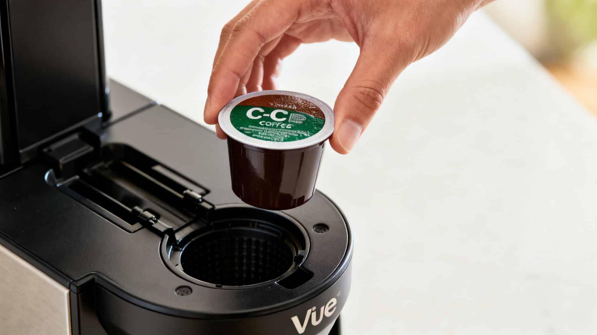 A hand holding a coffee pod above the open brewing chamber of a Keurig Vue coffee machine.