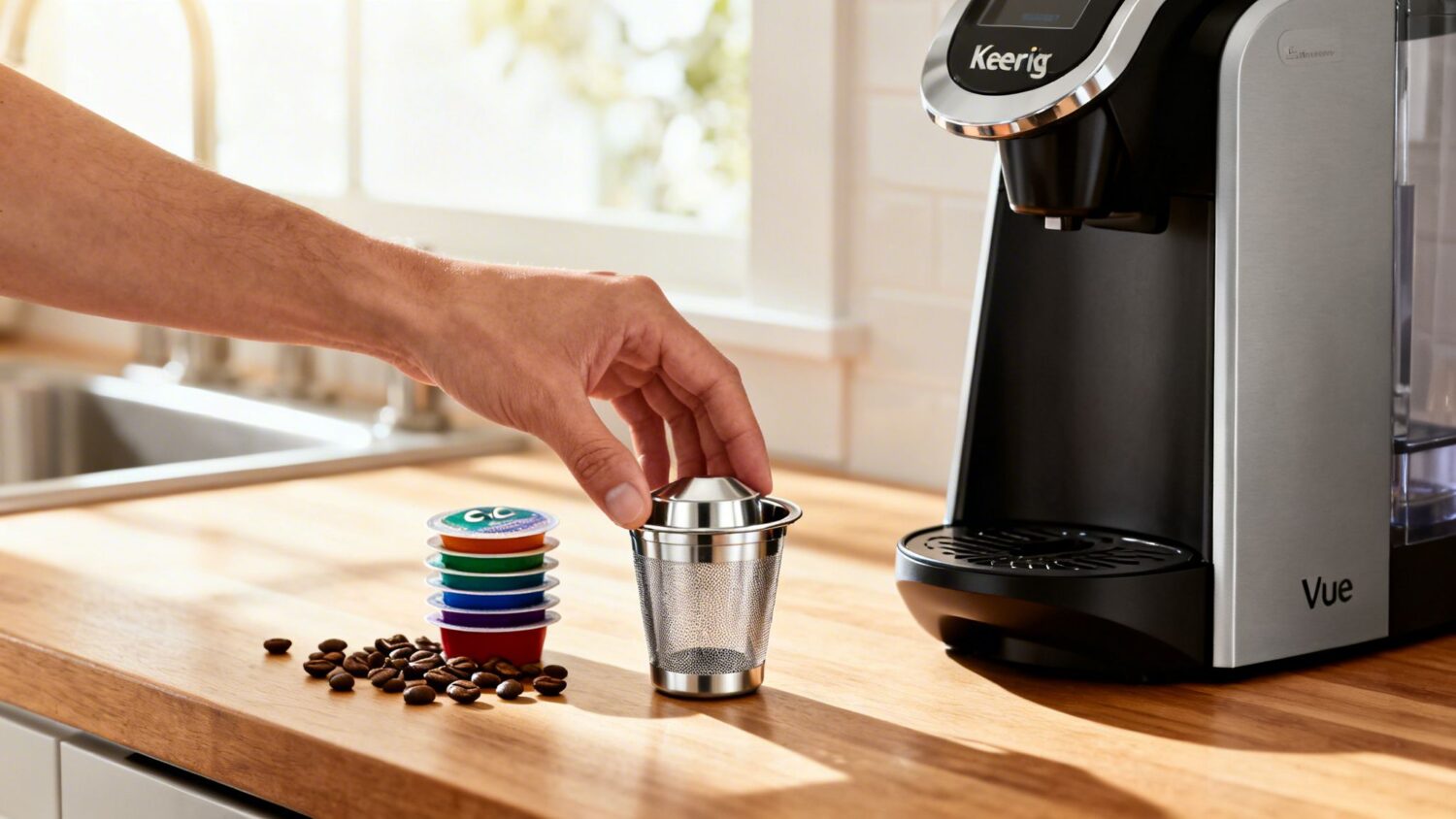 Keurig Vue coffee maker with reusable filter, K-Cups, and coffee beans.
