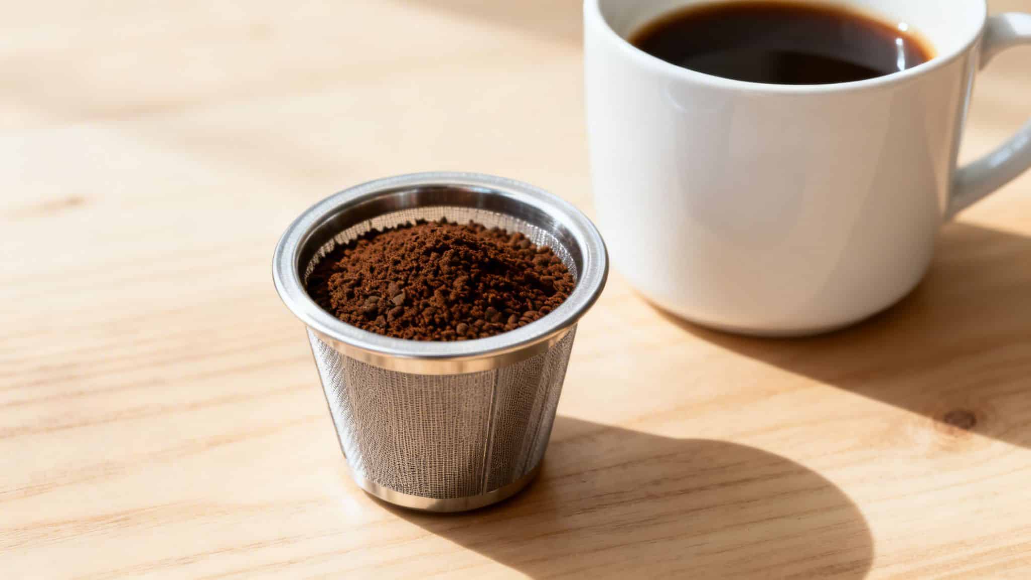 Instant coffee granules in a metal infuser next to a white mug with black coffee on a wooden table.