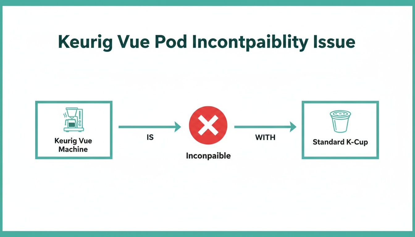 Diagram illustrating the incompatibility issue between Keurig Vue machines and standard K-Cup coffee pods.