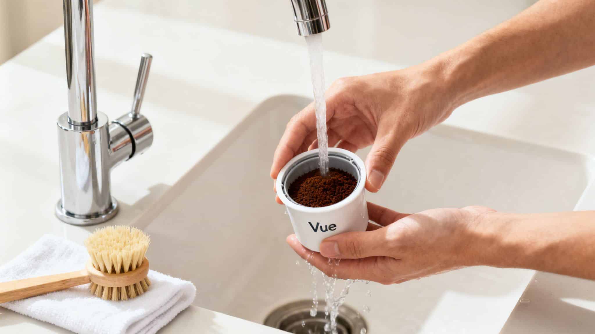 Hands rinse a white 'Vue' reusable coffee pod filled with ground coffee under a kitchen faucet.