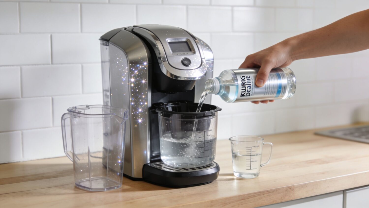 Person pouring Keurig descaling solution into Keurig coffee maker