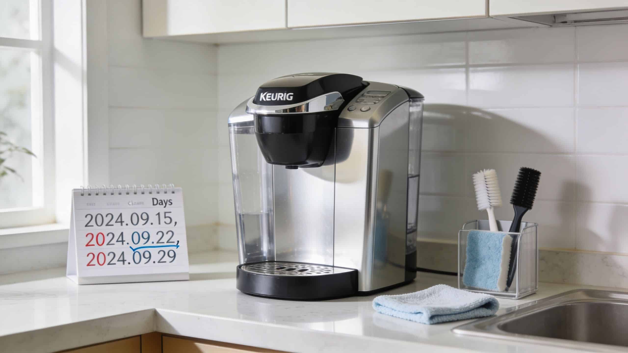 A silver Keurig coffee machine sits on a kitchen counter next to a calendar and cleaning tools.