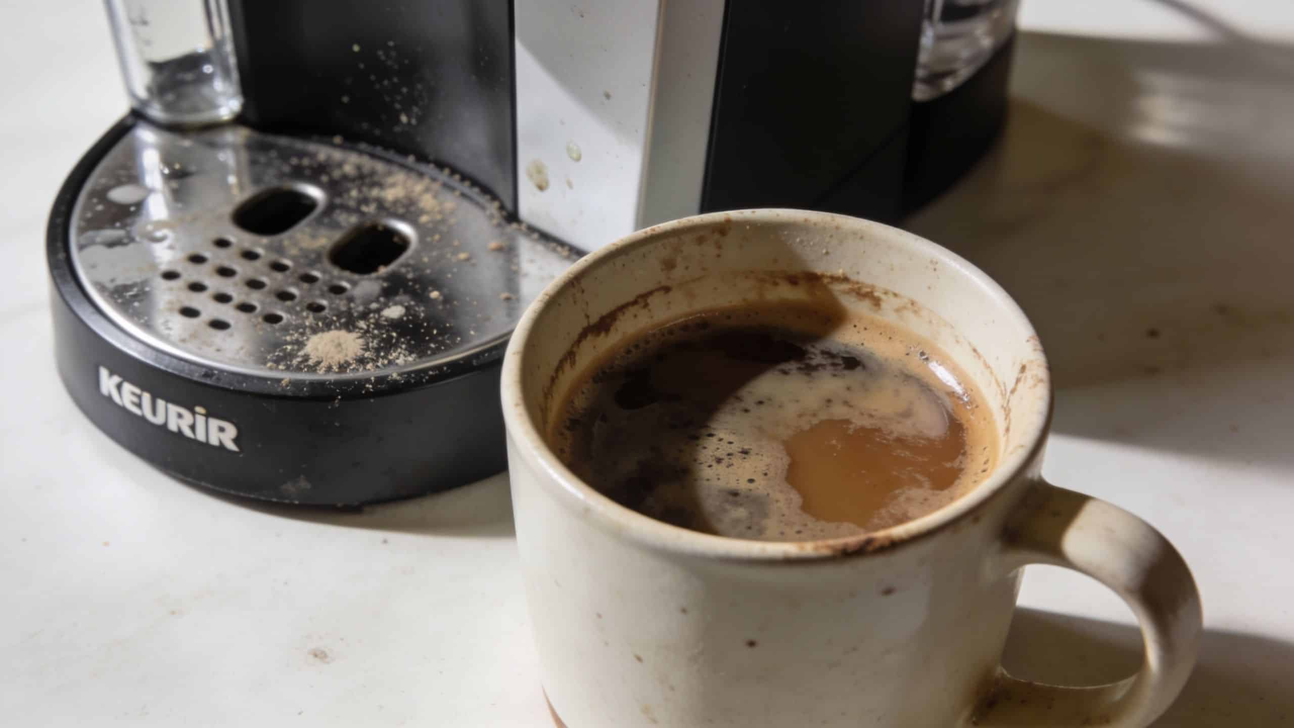 A cup of coffee sitting next to a dirty Keurig coffee maker on a marble countertop.