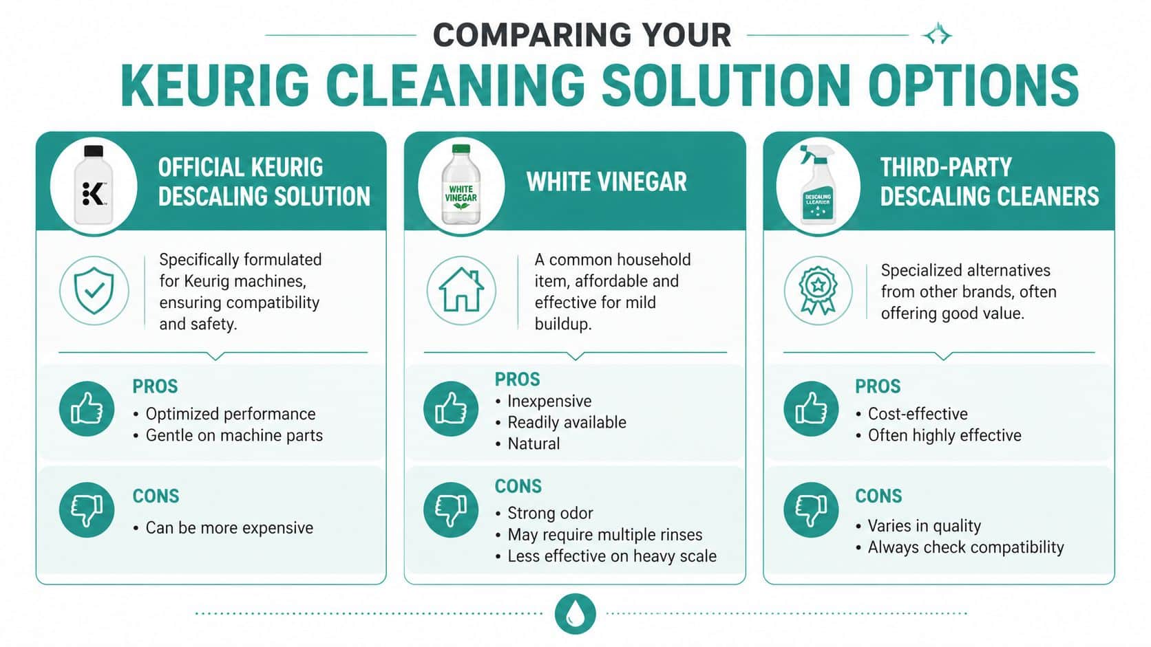 A comparison chart outlining the pros and cons of using Keurig descaling solution, white vinegar, or third-party cleaners.