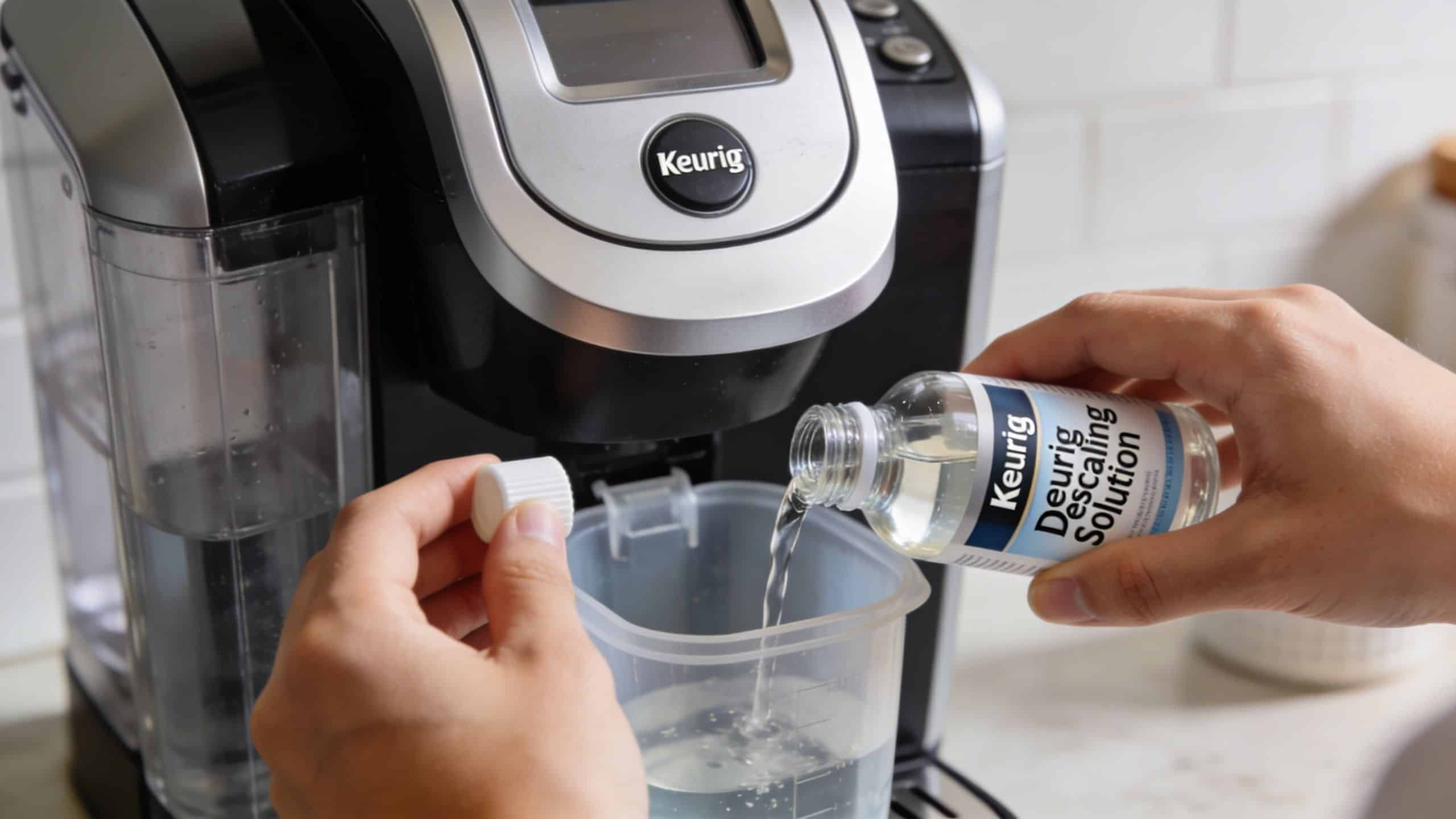 A person pouring Keurig descaling solution into a container to clean a coffee machine in the kitchen.