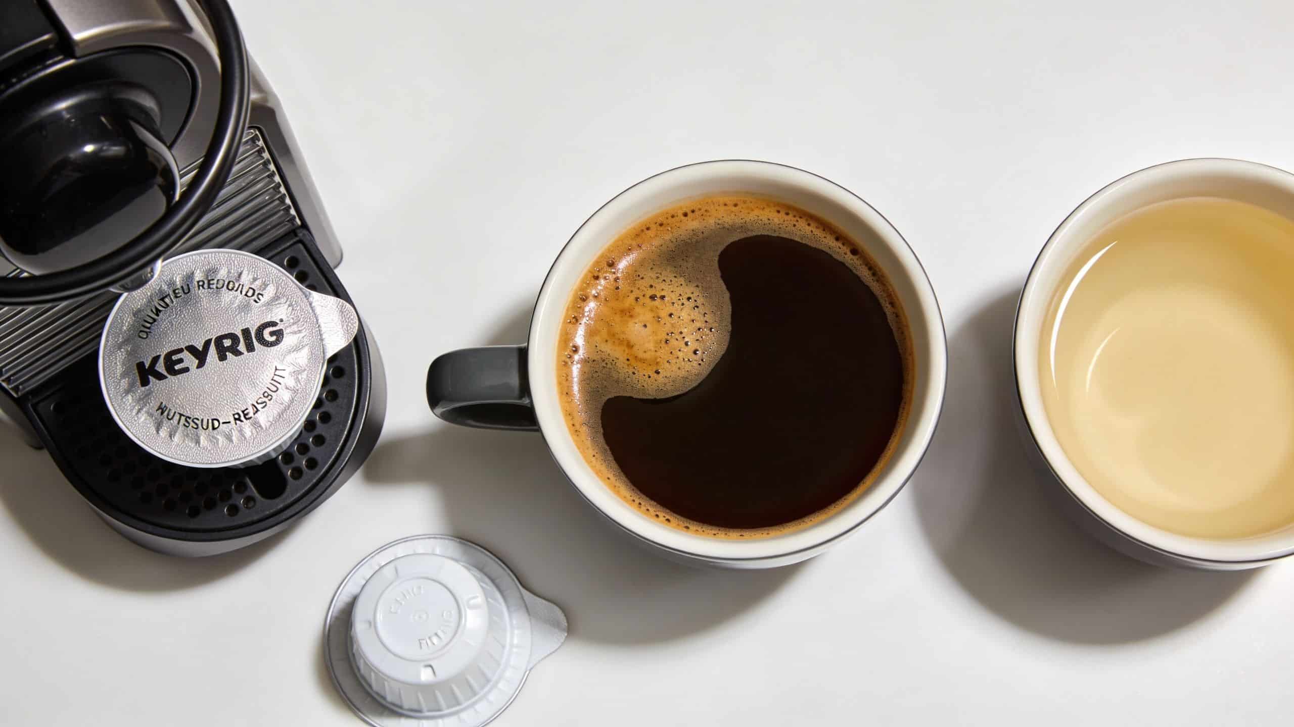 A cup of black coffee, a cup of tea, and a Keyrig coffee pod with a machine.