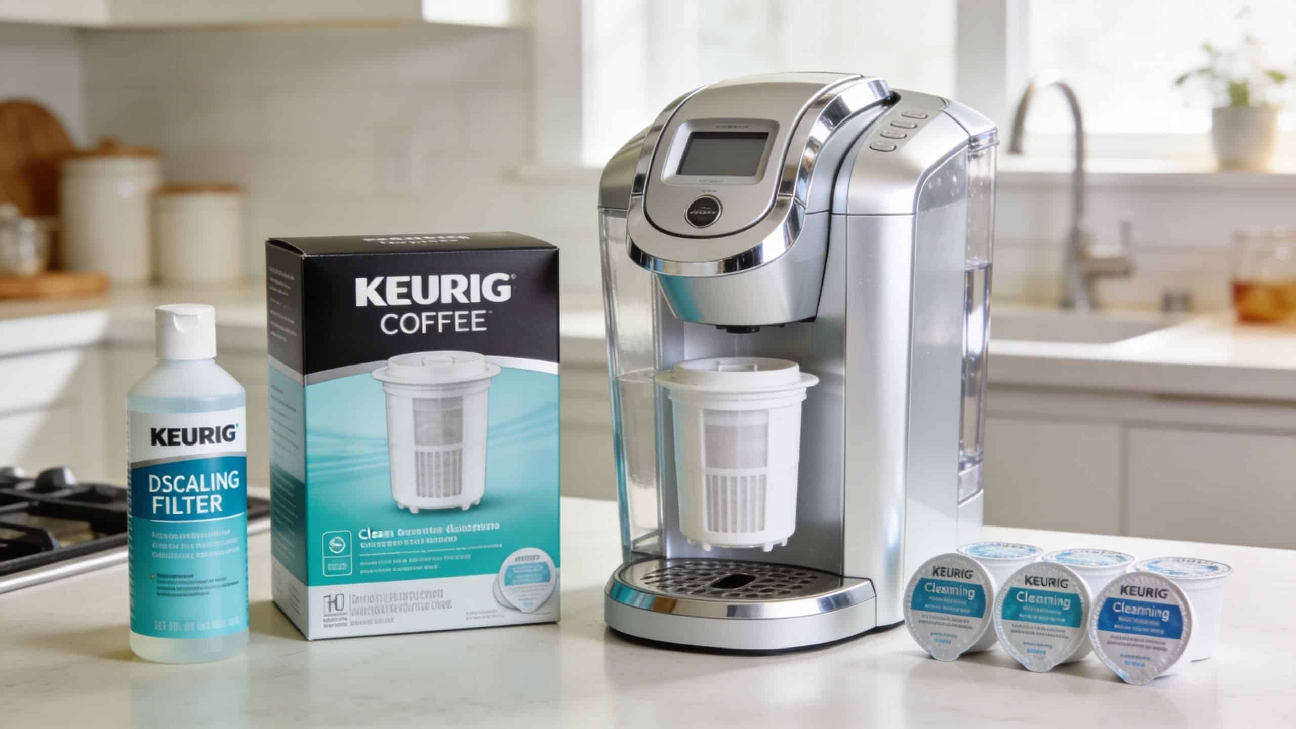 A Keurig coffee machine sits on a kitchen counter alongside descaling solution, filter accessories, and cleaning pods.