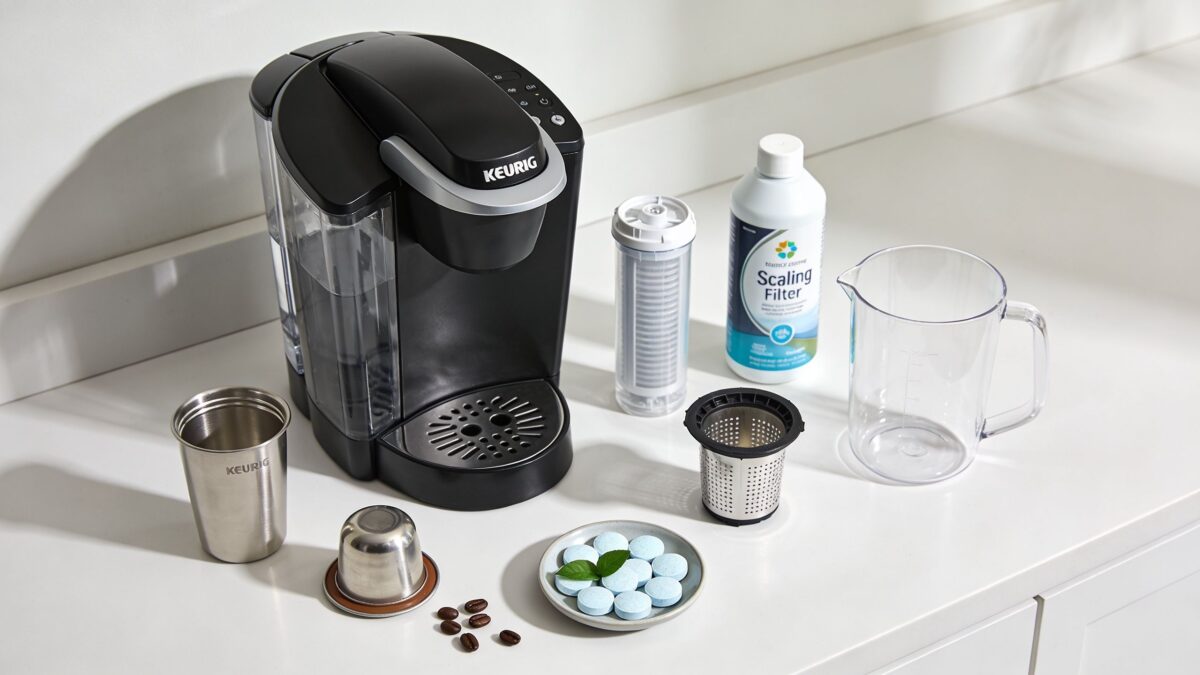 Keurig coffee maker with descaling solution, filter, and accessories