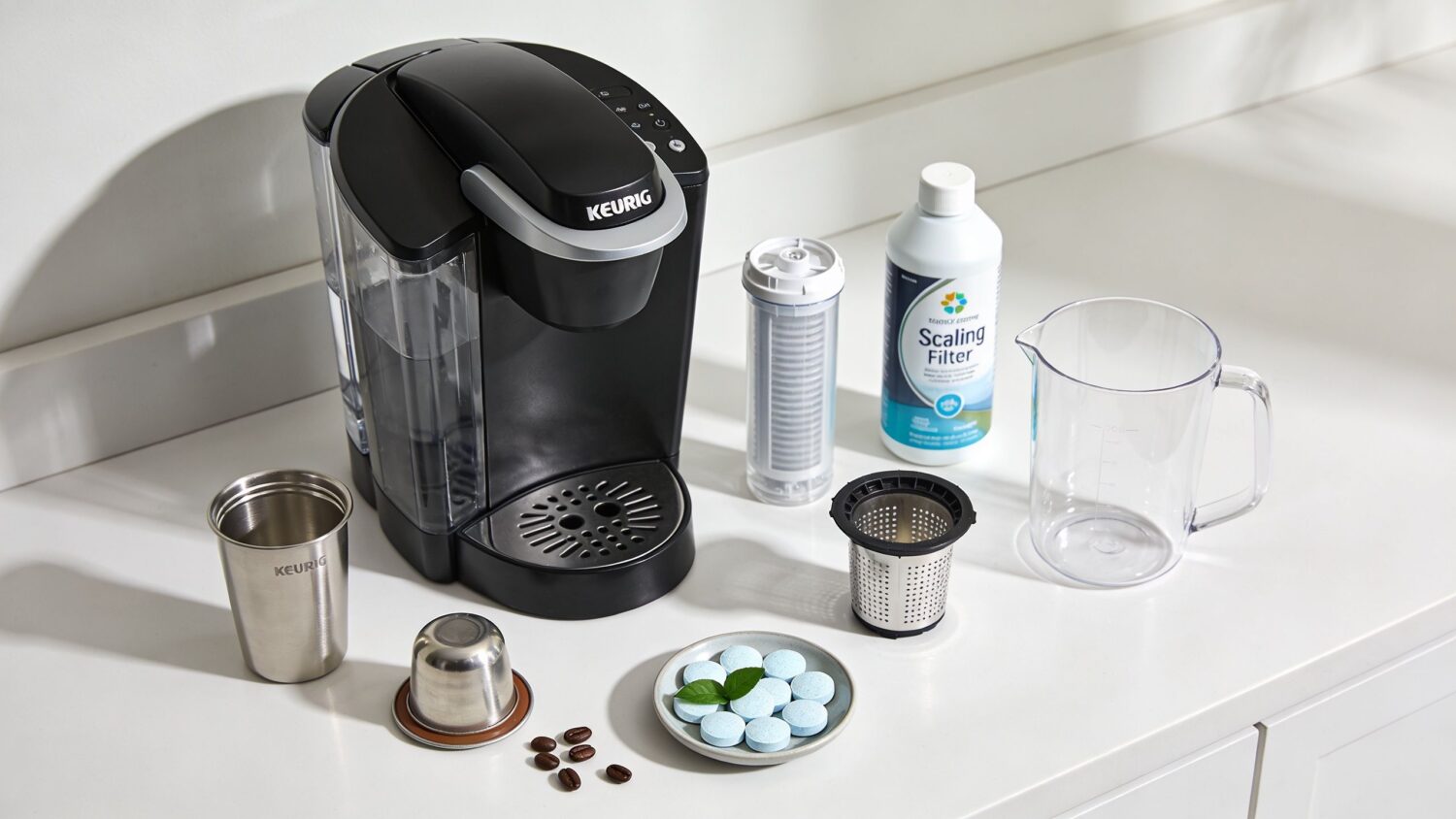 Keurig coffee maker with descaling solution, filter, and accessories