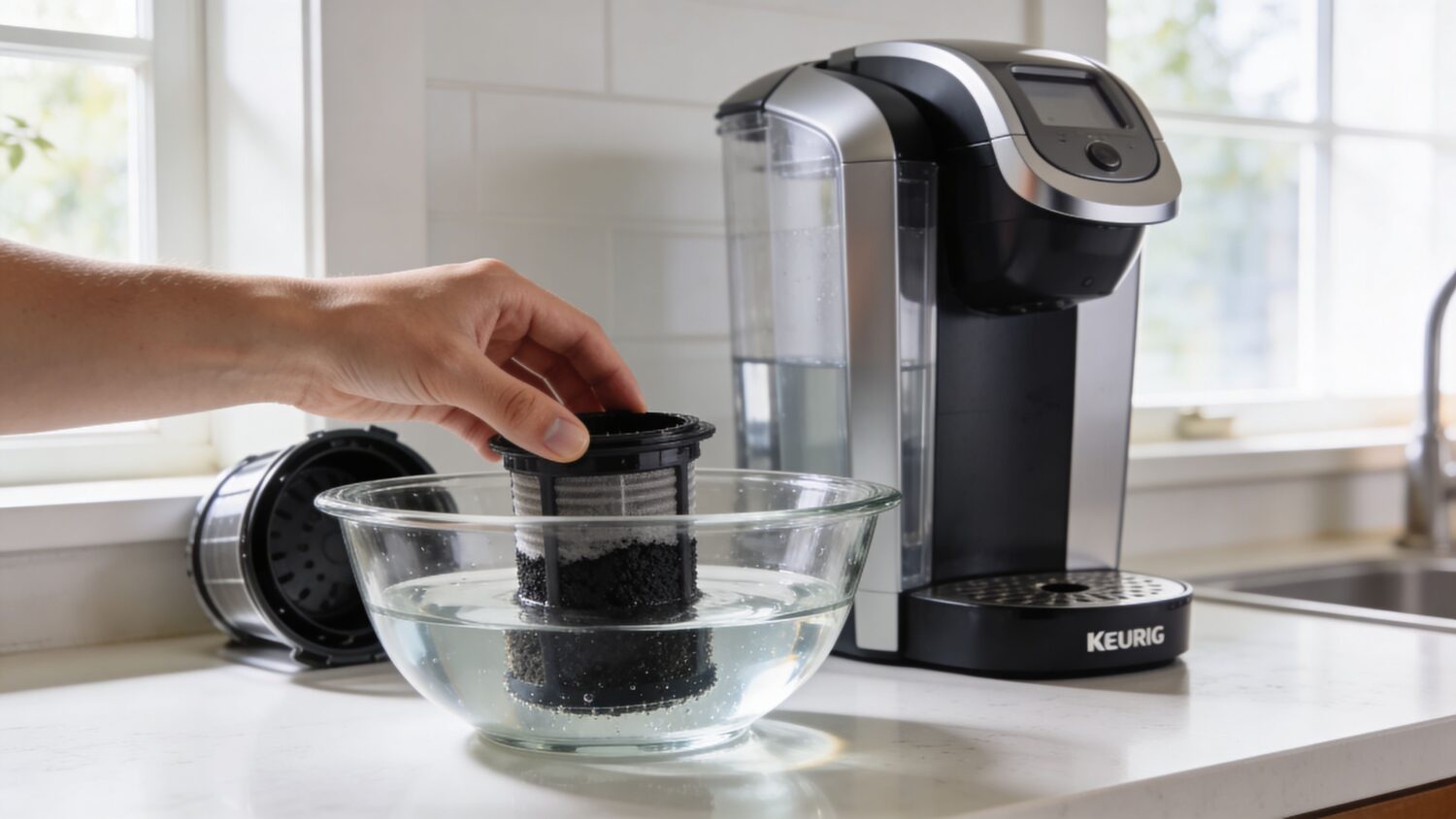 Person soaking Keurig water filter in a glass bowl next to coffee maker
