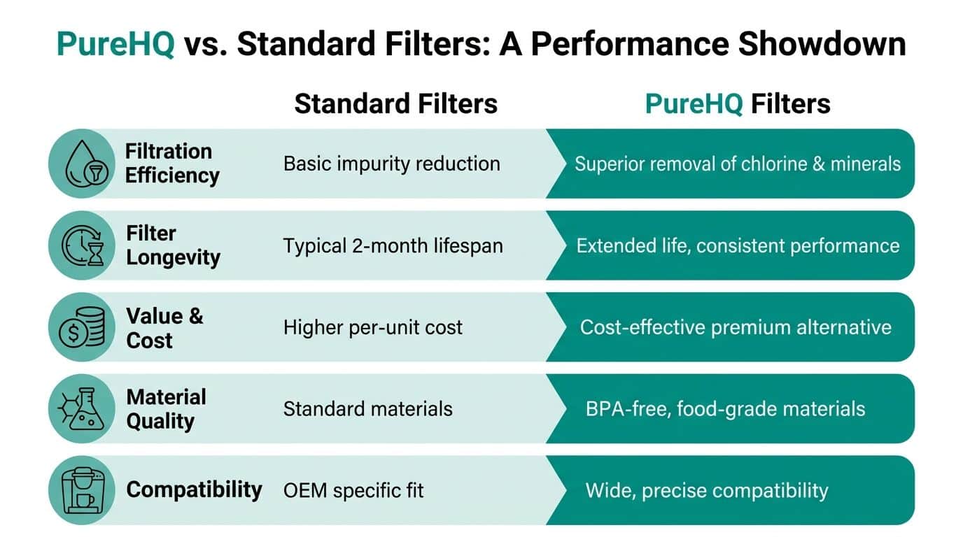 A comparison chart showing benefits of PureHQ water filters versus standard replacement filters for coffee machines.