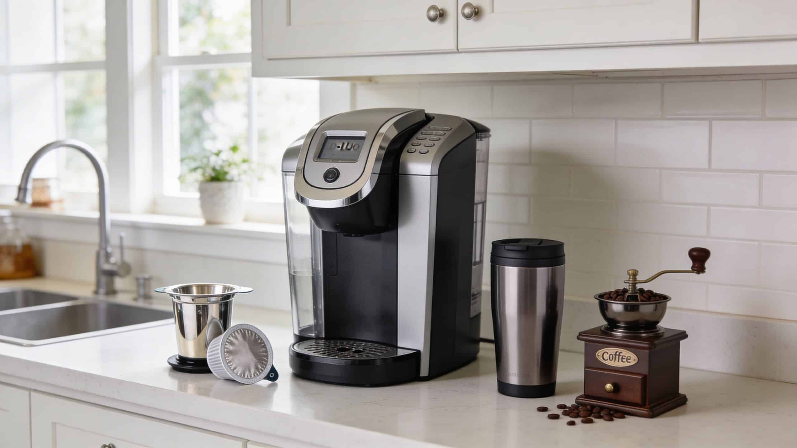 A Keurig K-Duo coffee maker with a travel mug, reusable filter, and manual grinder on a kitchen counter.
