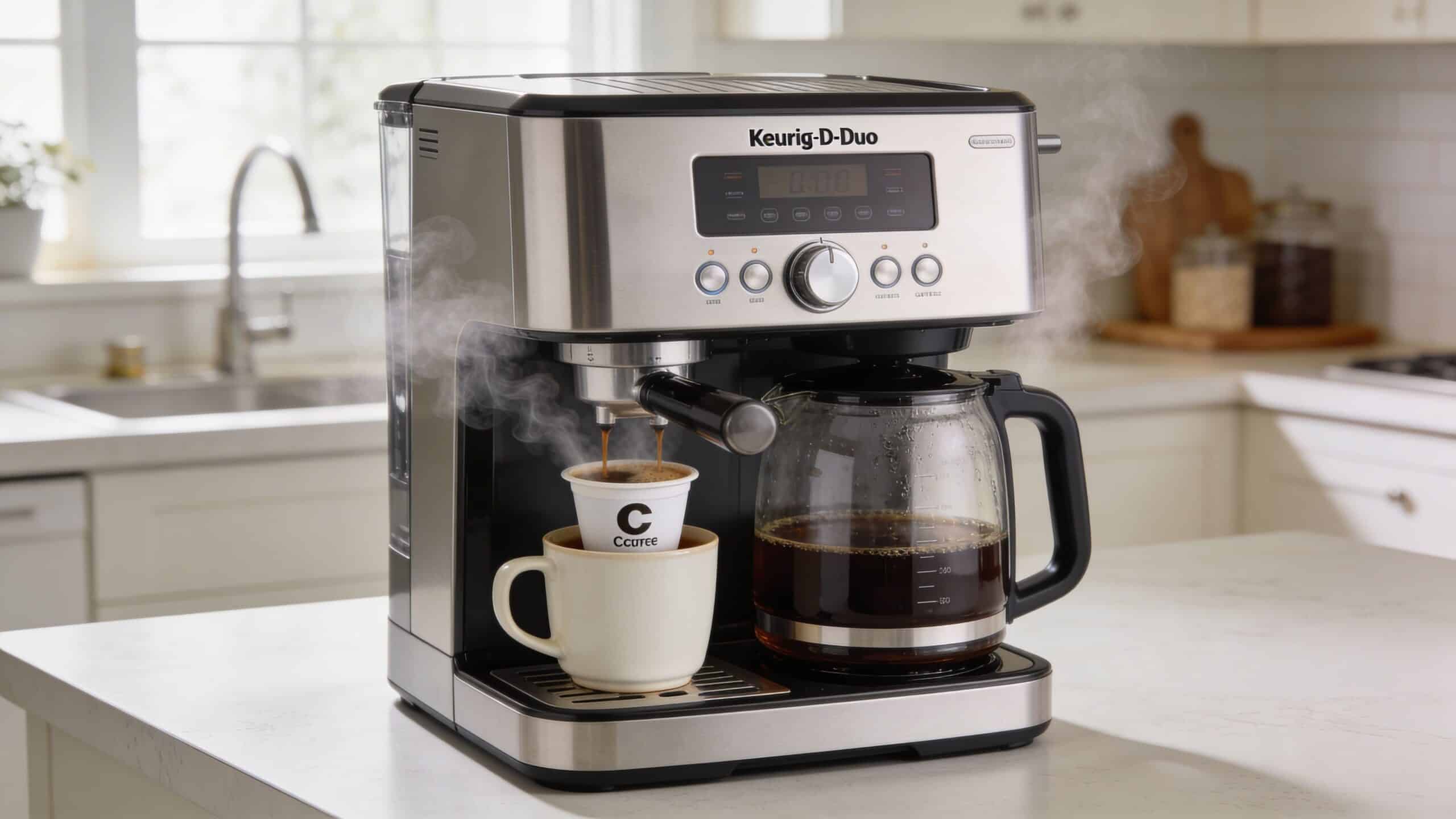 A silver Keurig K-Duo coffee maker brewing fresh coffee into both a white mug and a glass carafe.