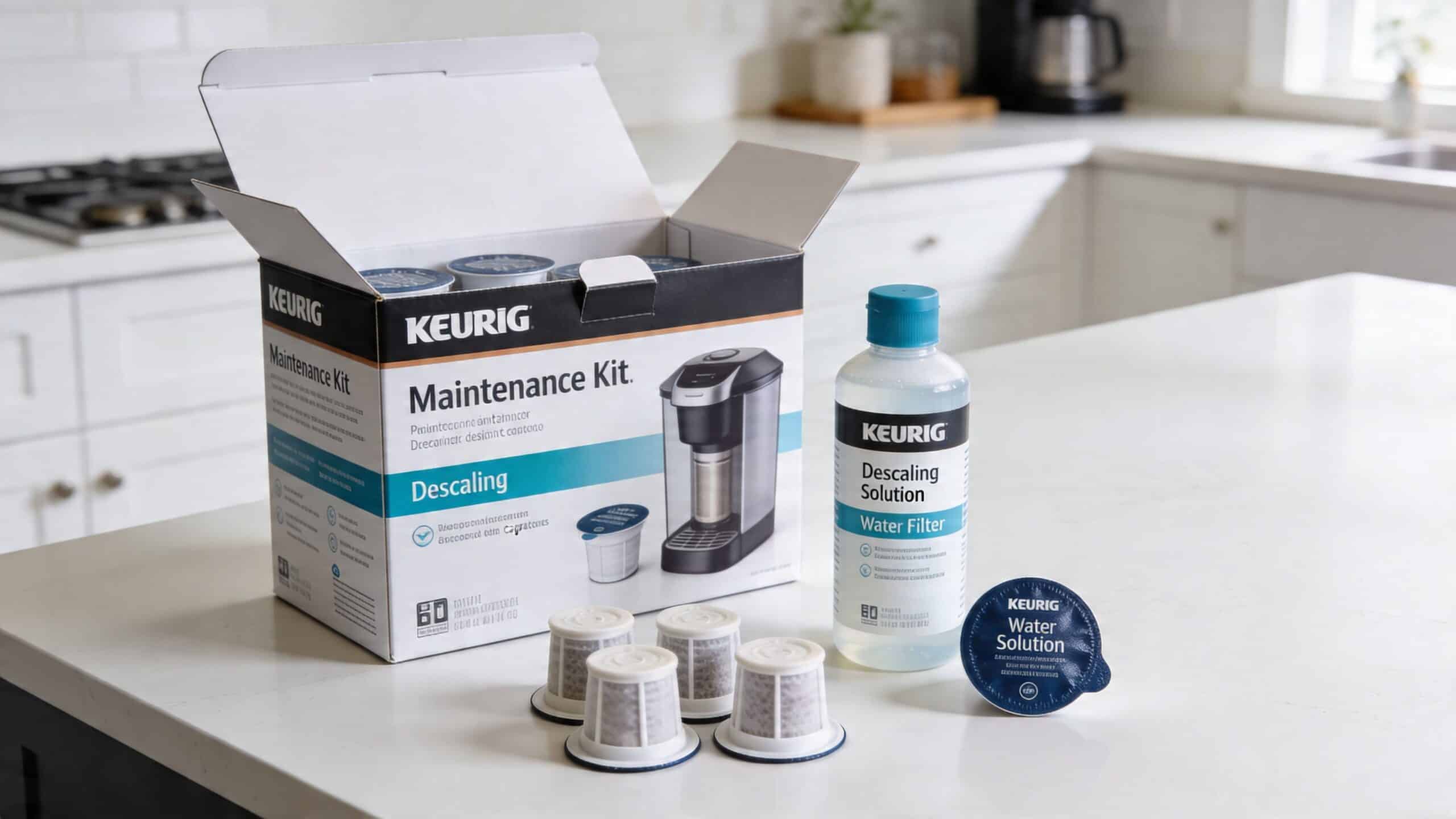 A Keurig maintenance kit box with descaling solution and water filters on a bright kitchen countertop.