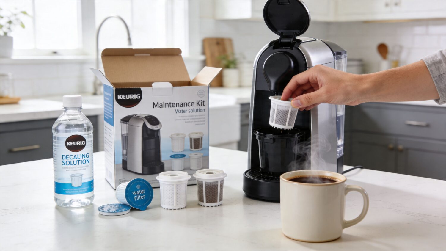 Keuriq coffee machine with maintenance kit, water filter, and decaf solution on countertop