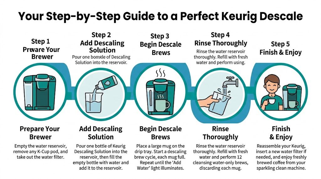 A step-by-step infographic guide on how to perform a Keurig coffee maker descaling cleaning process.