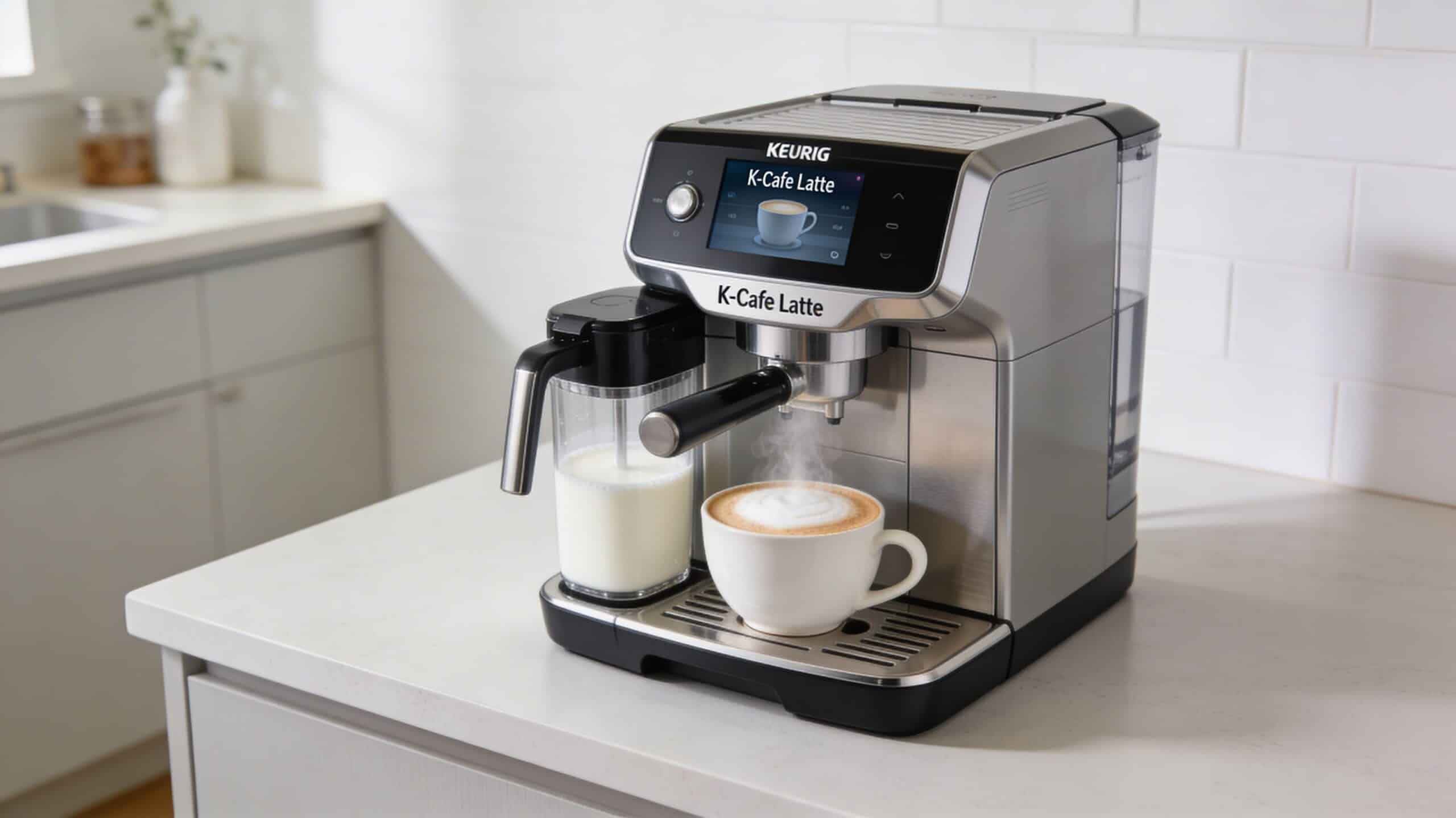 A silver Keurig K-Cafe Latte coffee maker brewing a hot cup of latte with milk frother attached.