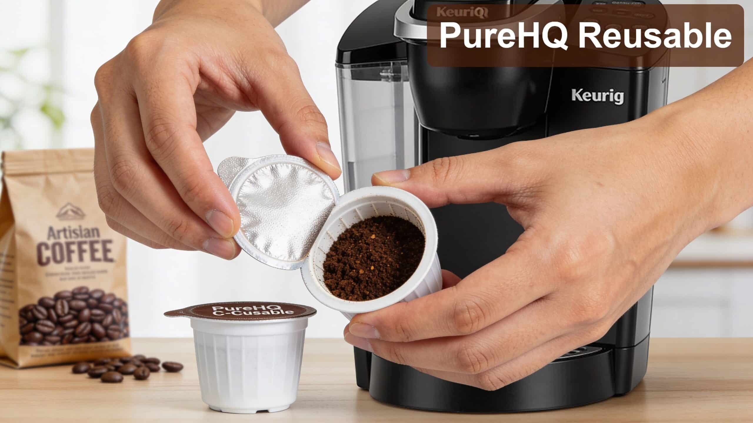 Hands filling a reusable PureHQ coffee pod with ground coffee for a black Keurig machine.
