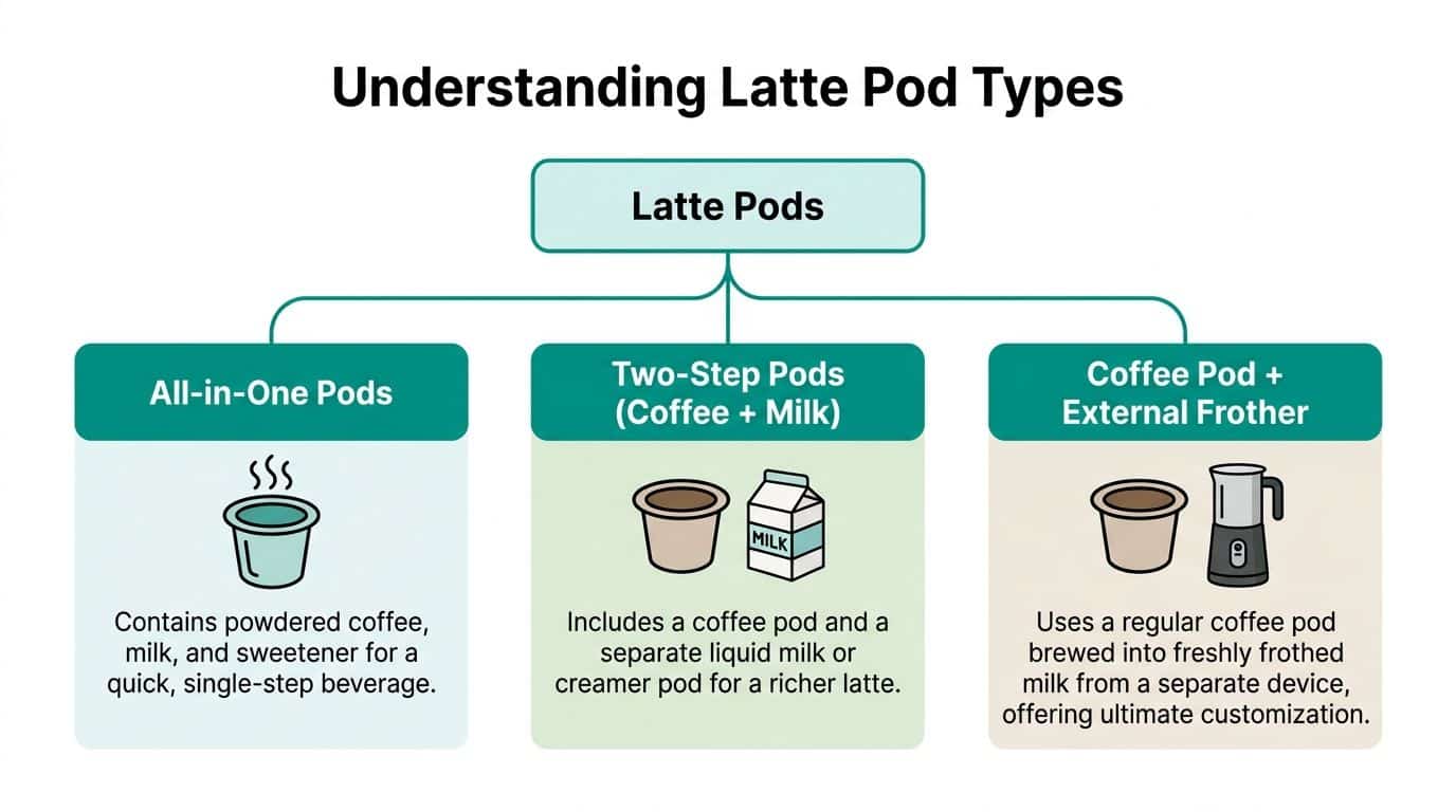 A diagram illustrating the three different types of latte pods: All-in-One, Two-Step, and Coffee Pod plus Frother.