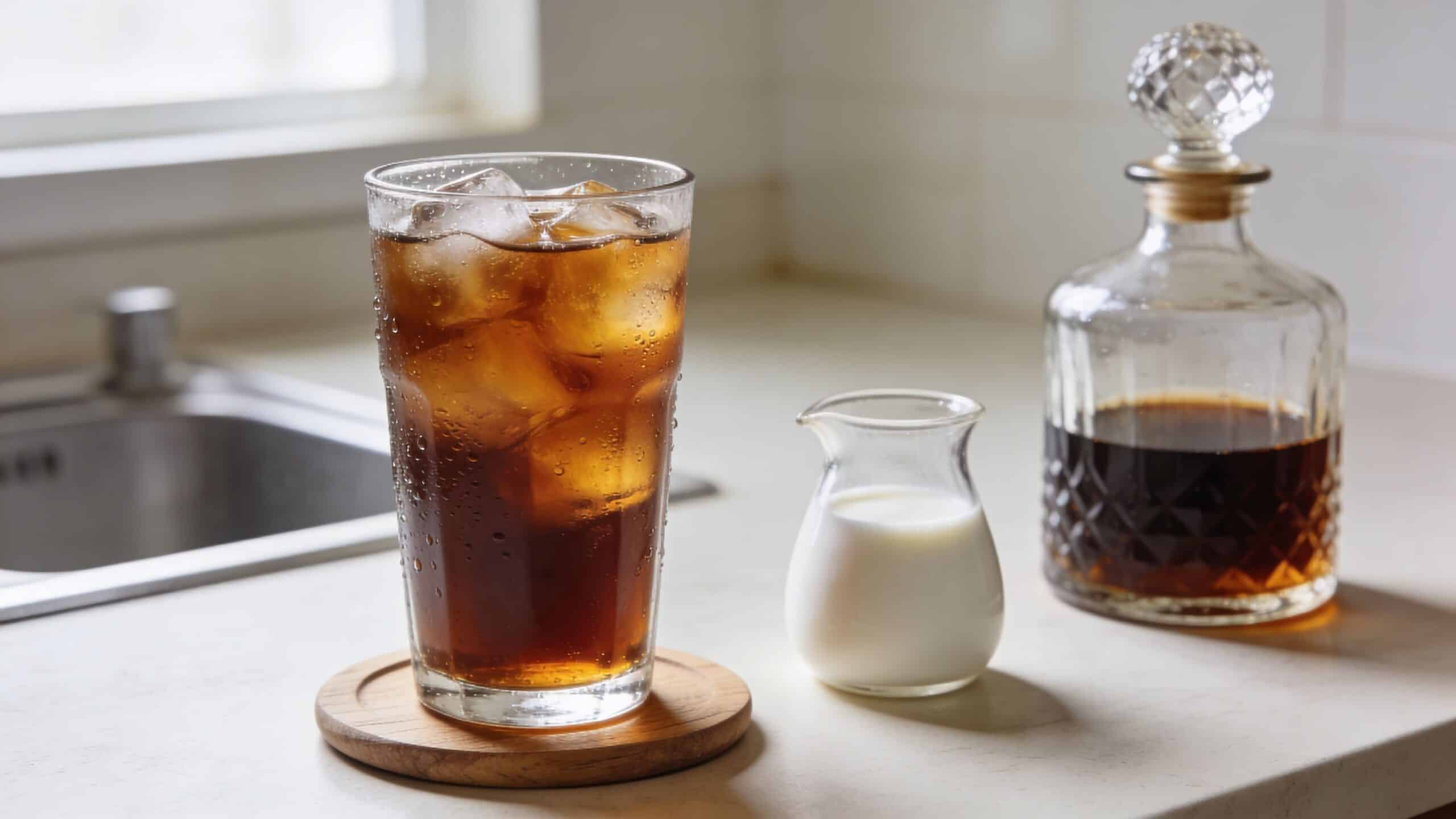 A glass of iced coffee with a small pitcher of milk and a decanter on a counter.
