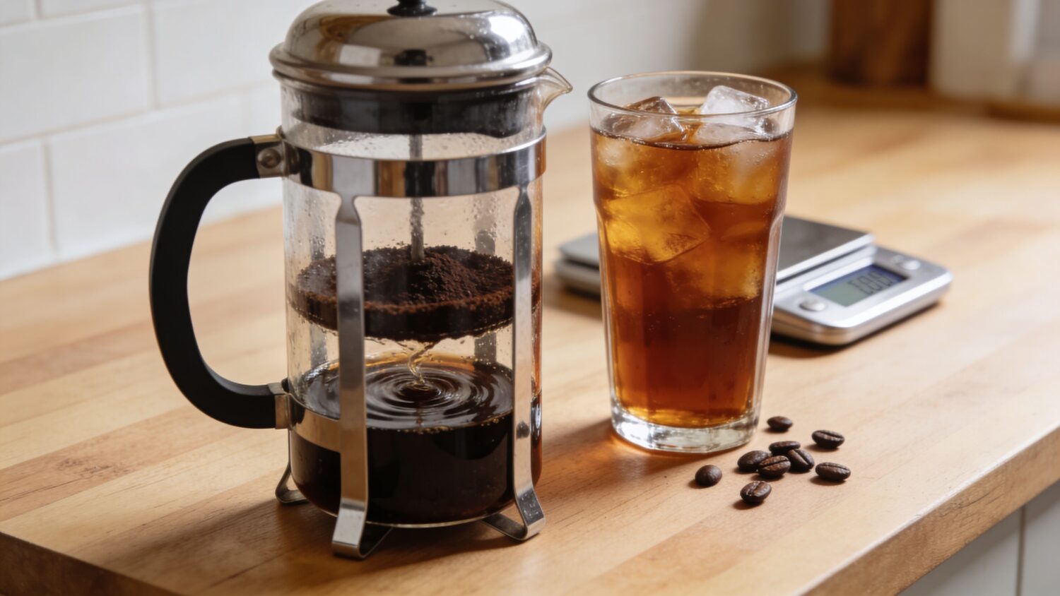 French press coffee maker with brewed coffee, iced coffee, and coffee beans