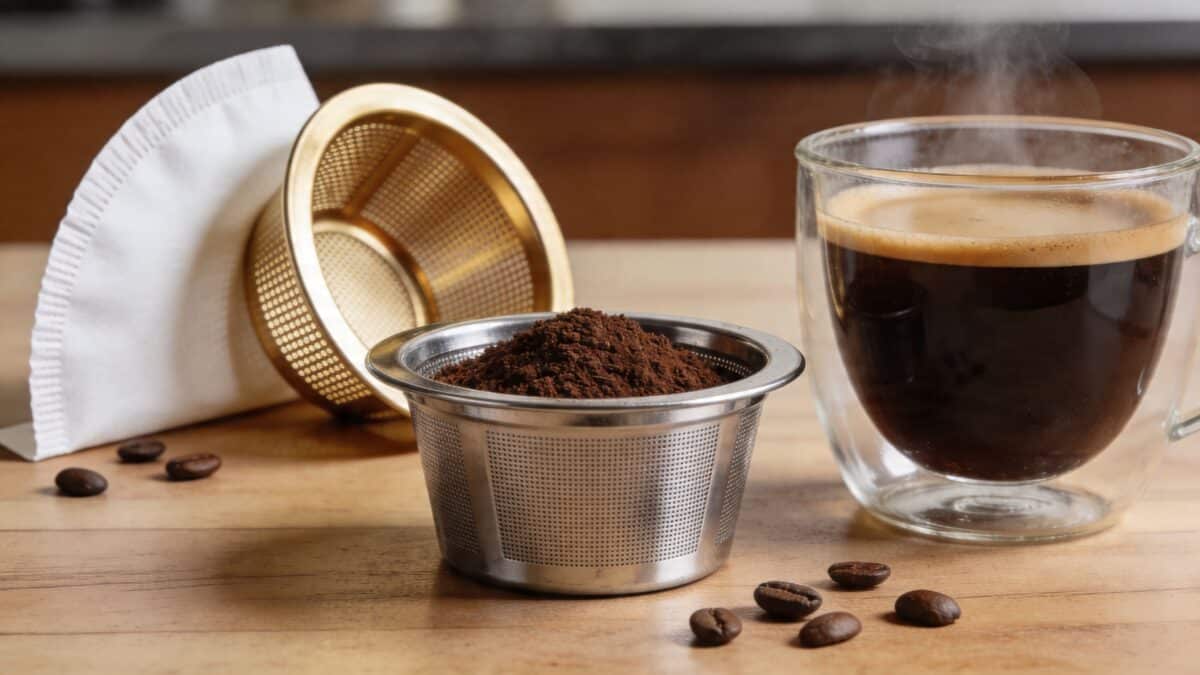 Coffee brewing: Ground coffee in a metal filter, paper filter, and a steaming cup of brewed coffee.