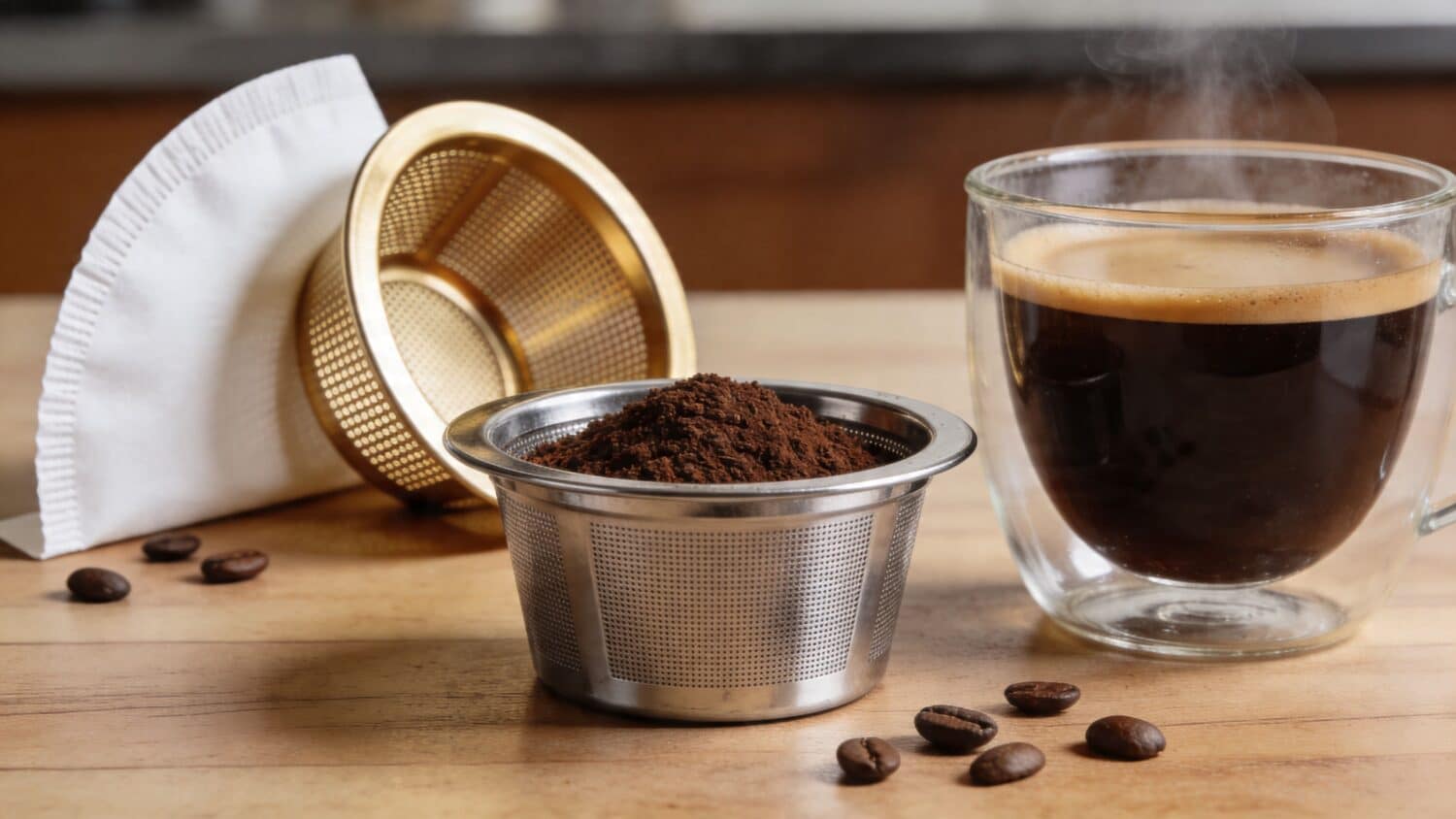 Coffee brewing: Ground coffee in a metal filter, paper filter, and a steaming cup of brewed coffee.