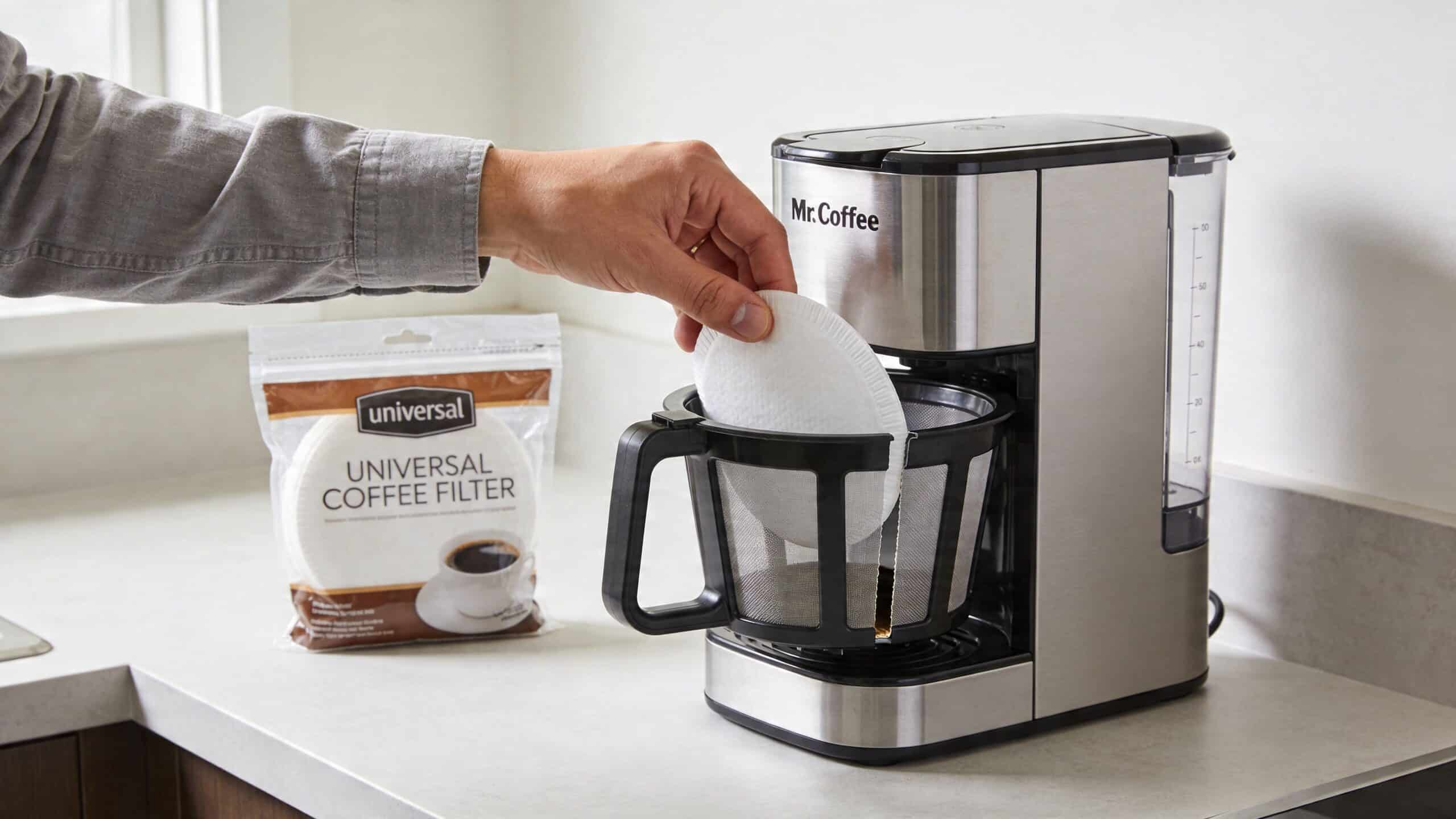A hand placing a round paper filter into the reusable mesh basket of a Mr. Coffee maker.