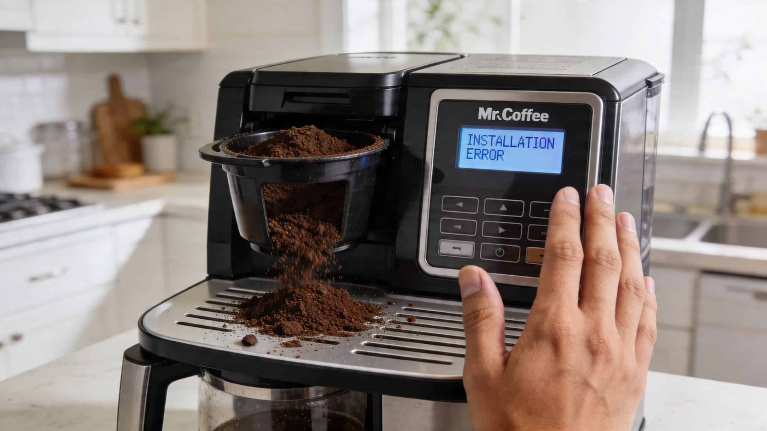 A person touching a Mr. Coffee machine displaying an installation error with a overflowing coffee basket filter.