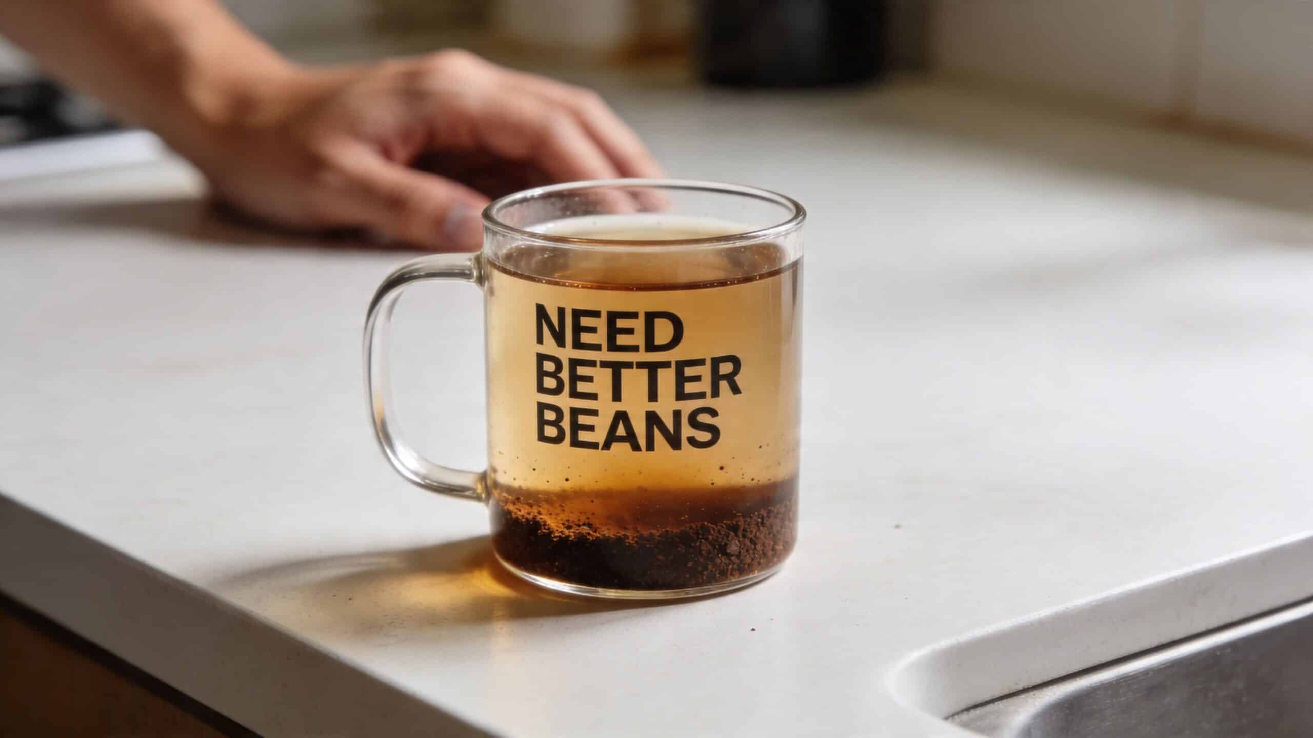 A clear glass mug containing coffee grounds and water, sitting on a kitchen counter with a hand nearby.