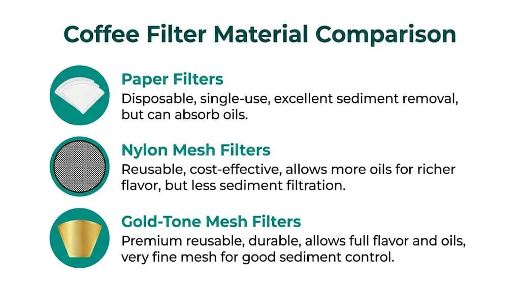 A comparison chart explaining the differences between paper, nylon mesh, and gold-tone mesh coffee filters.