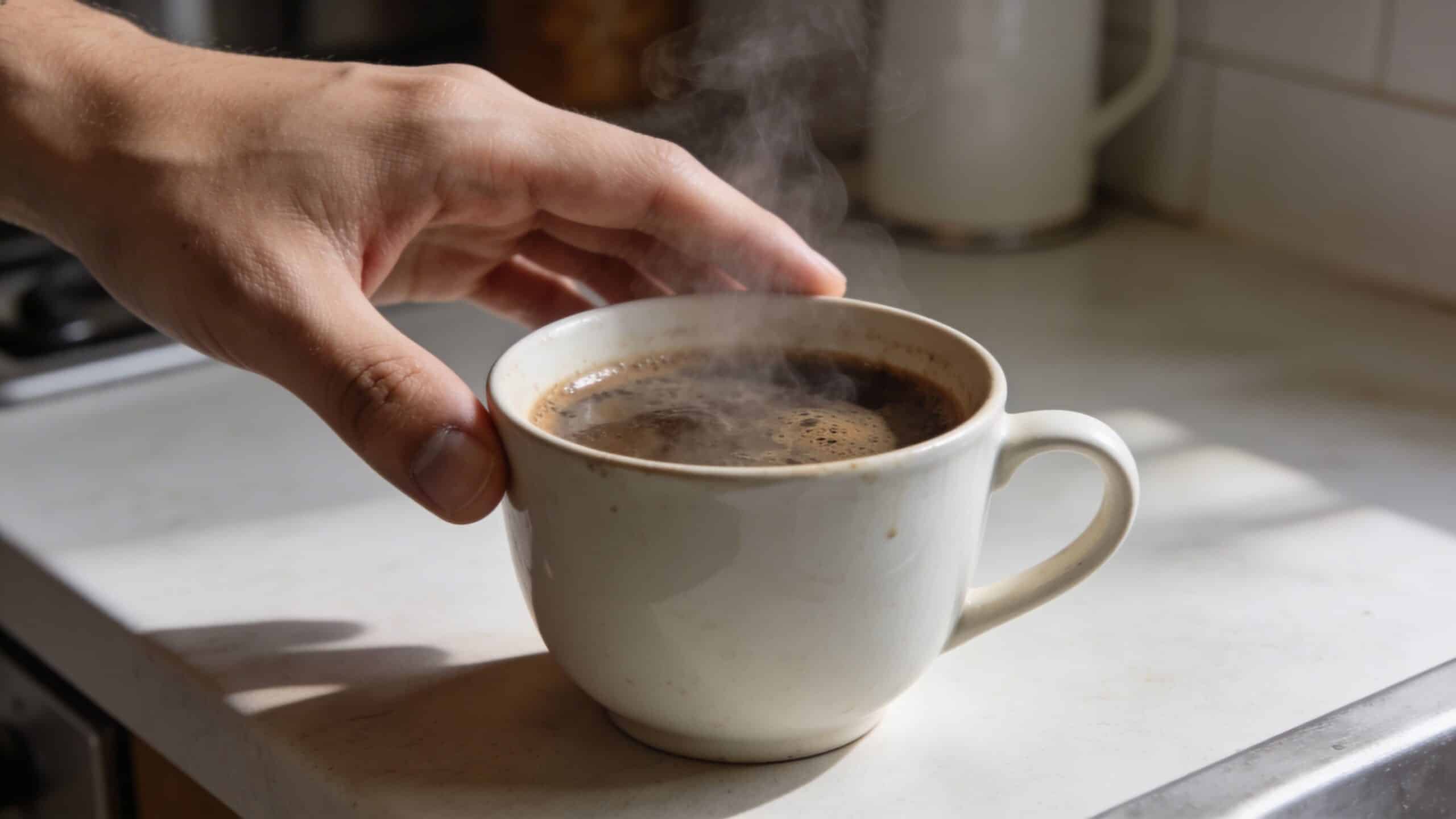 A person's hand reaches for a steaming hot cup of fresh black coffee on a kitchen counter.