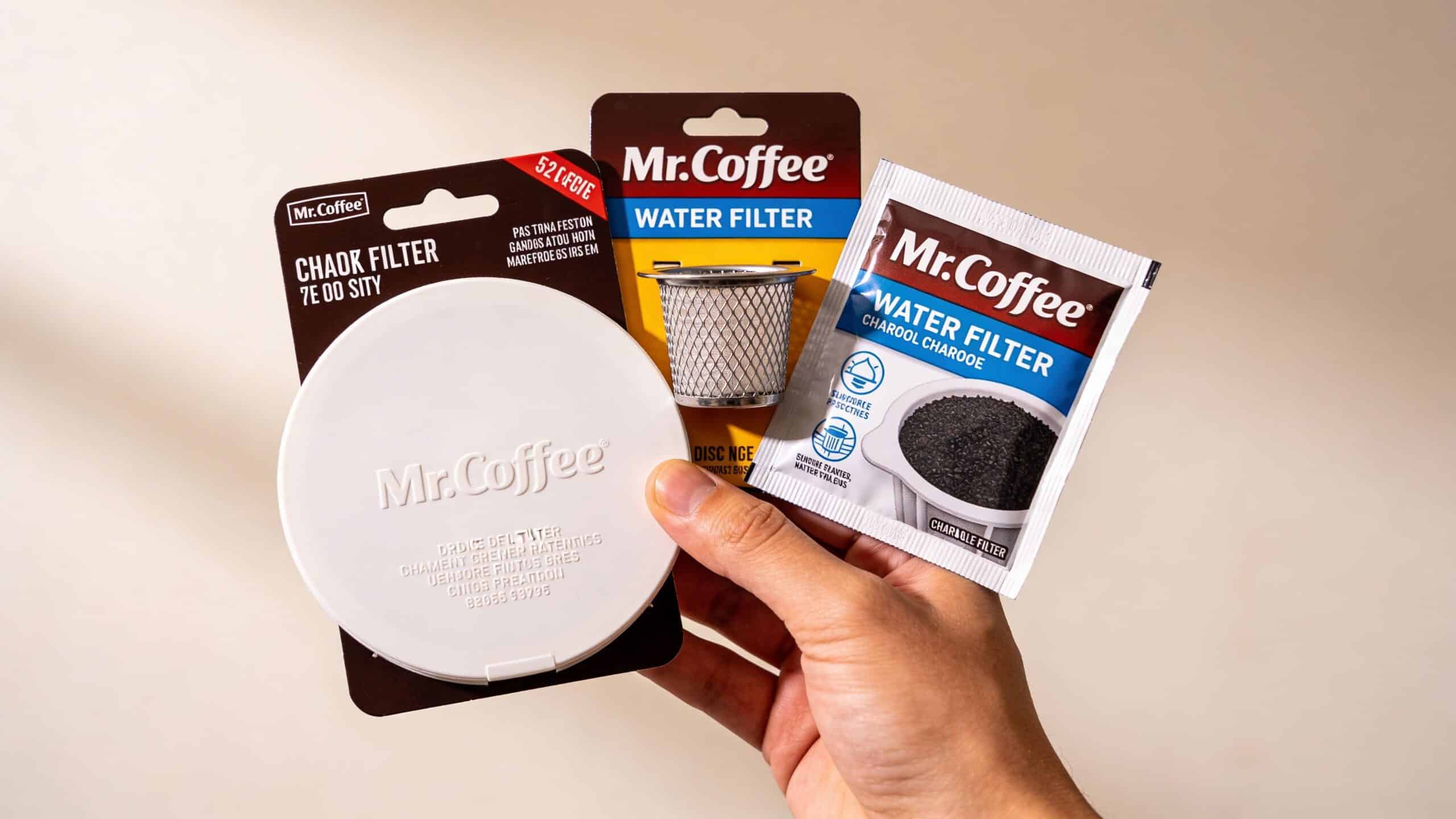 A hand holding three different types of Mr. Coffee filter replacement products on a plain background.