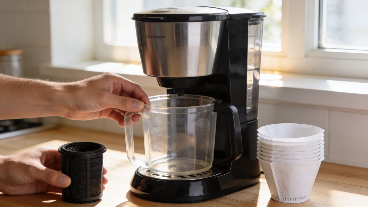 Preparing coffee: Person inserting filter into a black coffee maker with filters nearby.