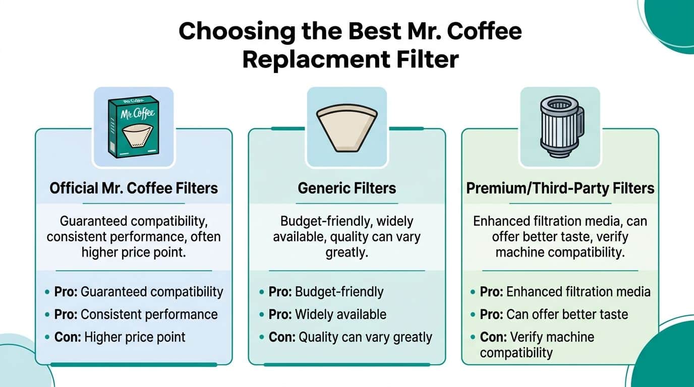 A comparison chart outlining the pros and cons of official, generic, and premium Mr. Coffee replacement filters.