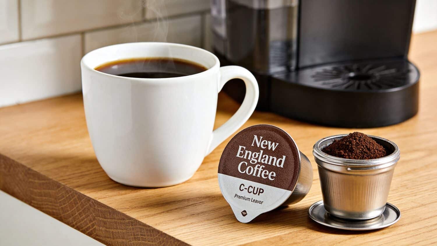 New England Coffee C-Cup next to a steaming mug of coffee and a coffee maker.