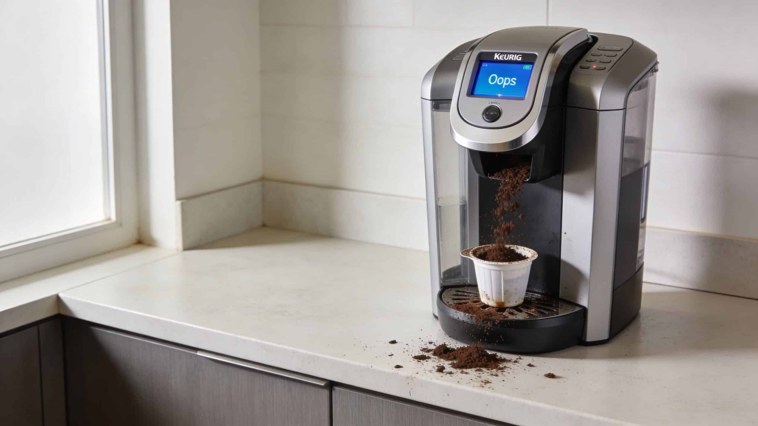 A silver Keurig coffee machine malfunctions, spilling coffee grounds all over the kitchen counter and drip tray.