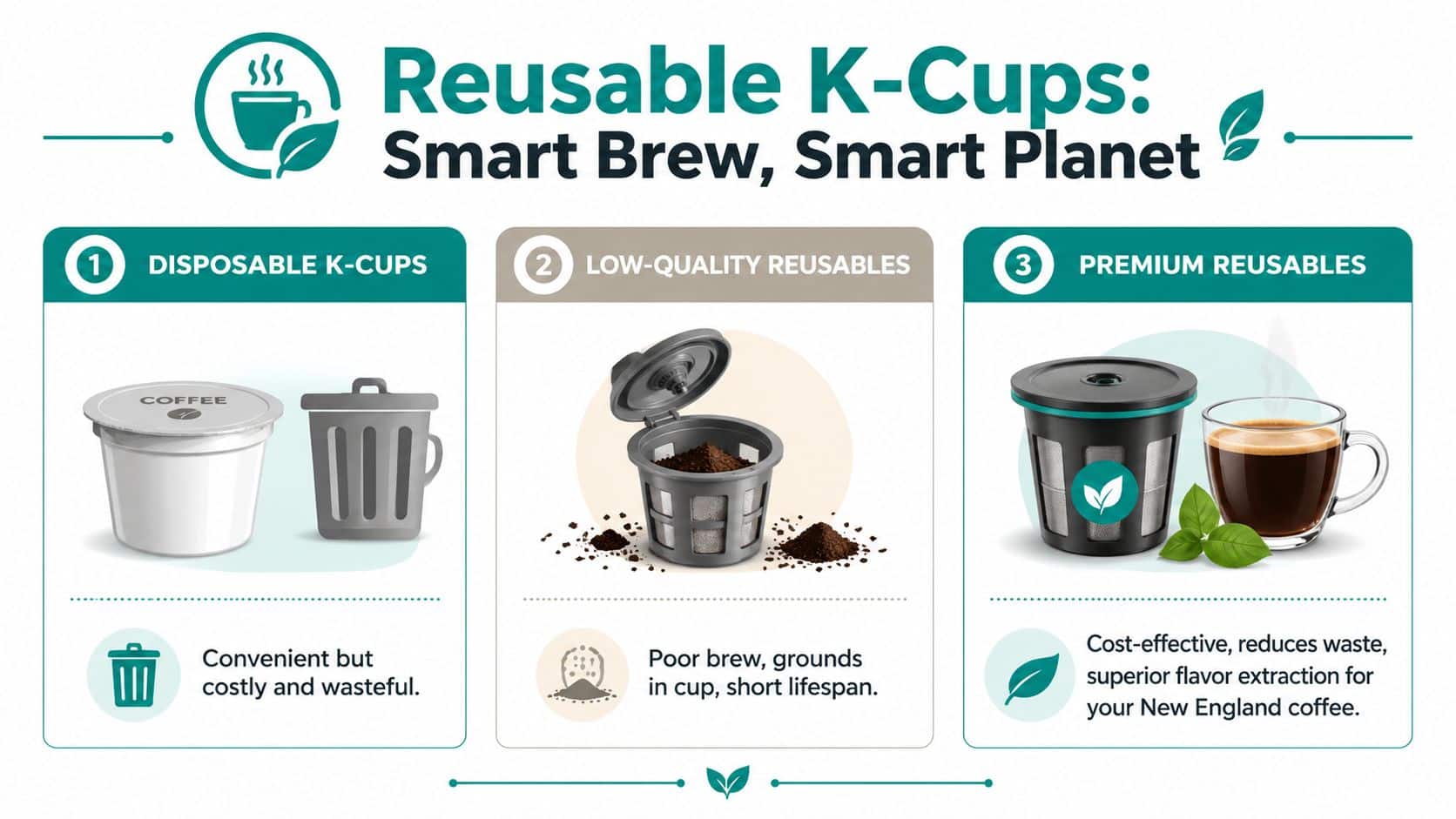 An infographic comparing disposable K-Cups, low-quality reusables, and premium reusable K-Cups for better coffee brewing.