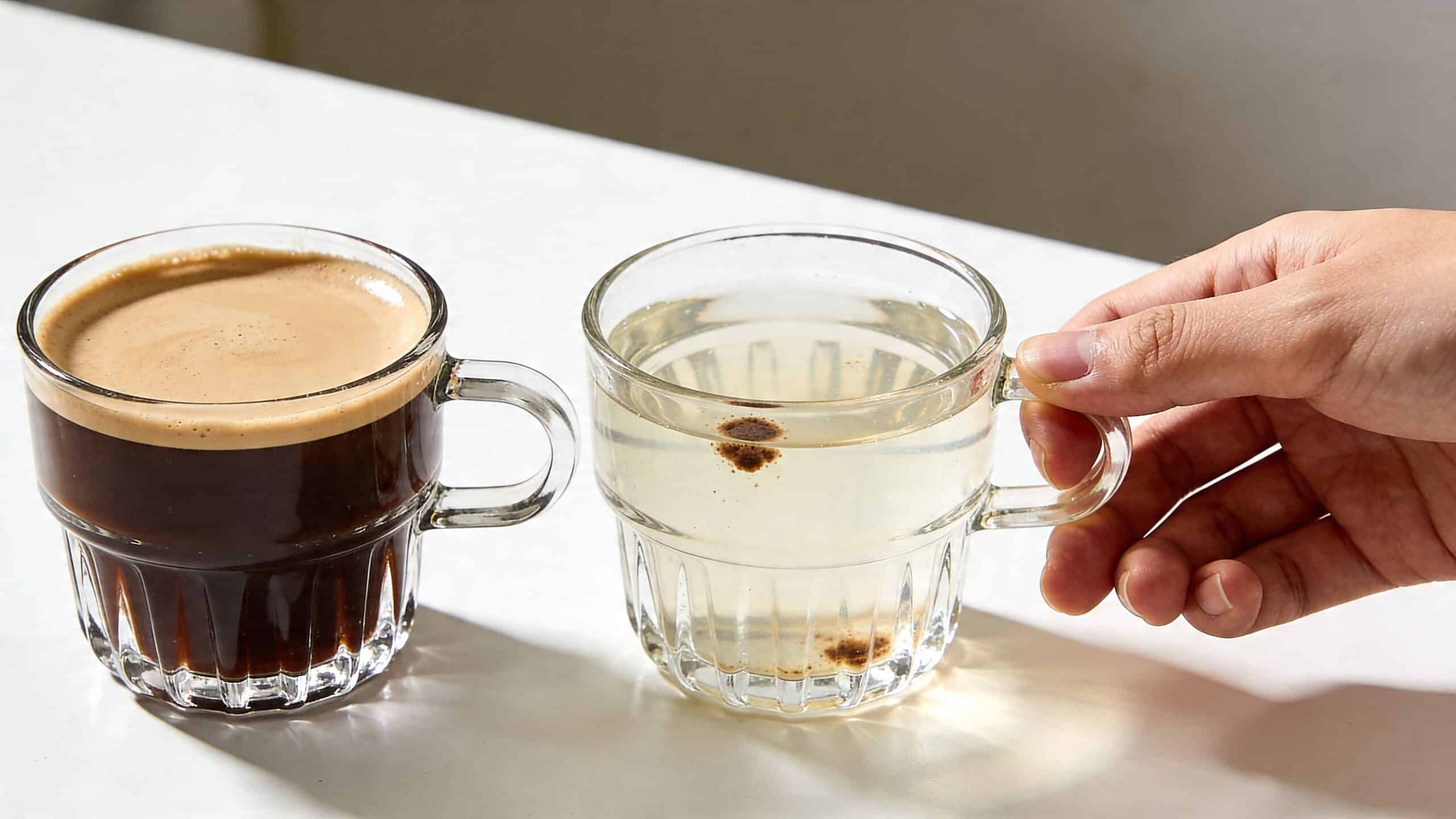 A hand holding a glass mug of clear water with floating particles next to a dark coffee.