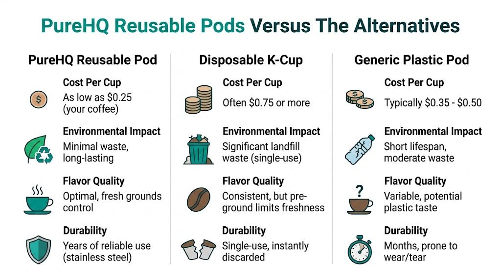A comparison chart showing benefits of PureHQ reusable pods versus disposable and generic plastic coffee pods.