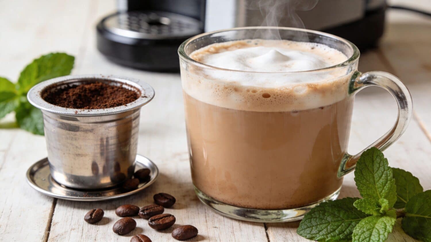 Steaming latte in glass mug with coffee beans, grounds, and fresh mint on a white wooden table.