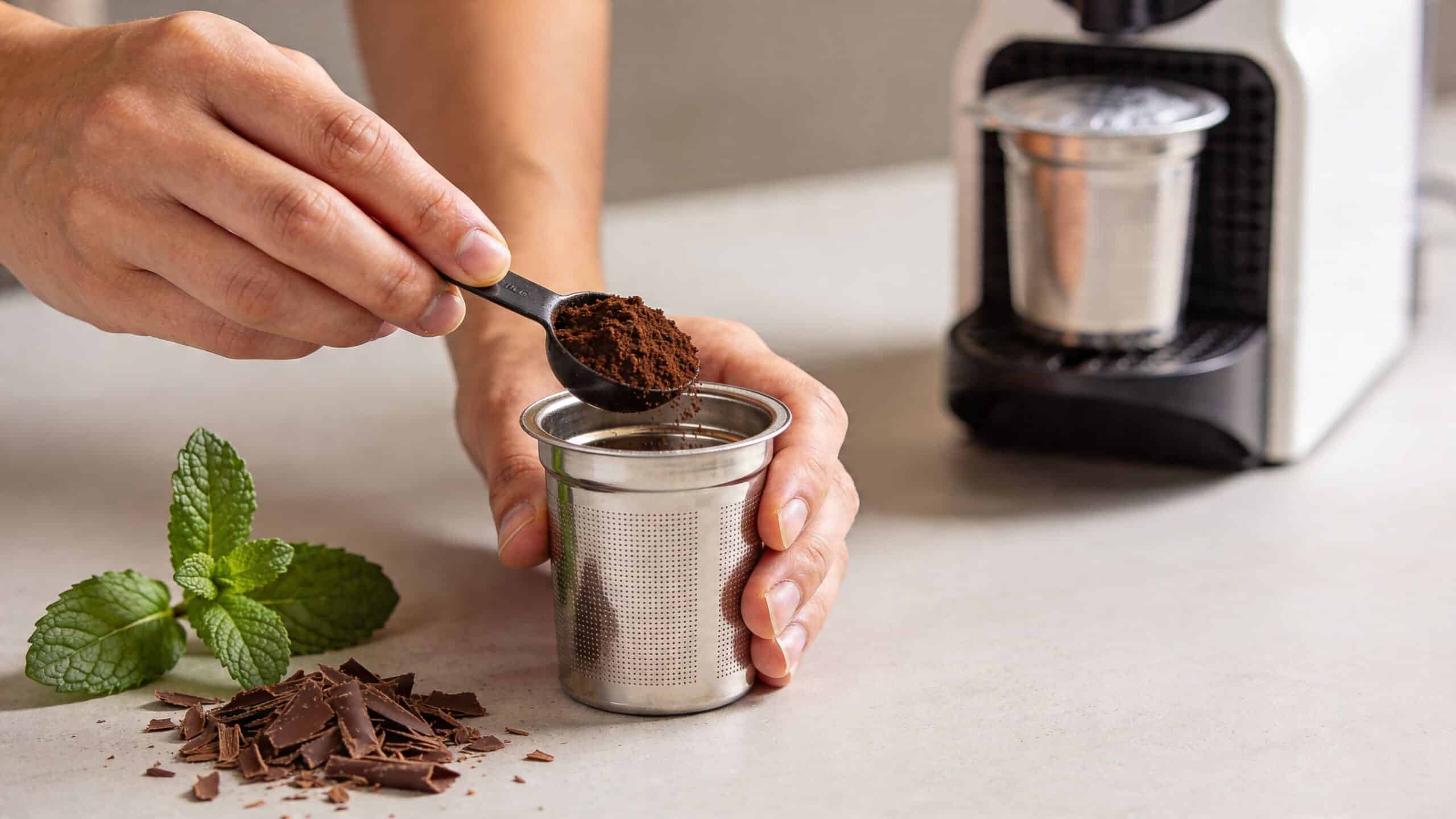 A person pouring ground coffee into a reusable coffee pod with mint and chocolate shavings nearby.